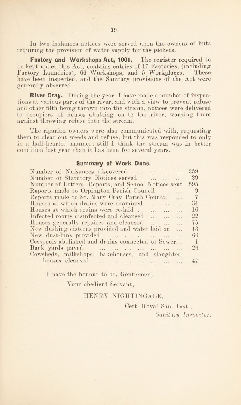 In two instances notices were served upon the owners of huts requiring the provision of water supply for the pickers. Factory and Workshops Act, 1901. The register required to be kept under this Act, contains entries of 17 Factories, (including Factory Laundries), 66 Workshops, and 5 Workplaces. These have been inspected, and the Sanitary provisions of the Act were generally observed. River Gray. During the year. I have made a number of inspec¬ tions at various parts of the river, and with a view to prevent refuse and other filth being thrown into the stream, notices were delivered to occupiers of houses abutting on to the river, warning them against throwing refuse into the stream. The riparian owners were also communicated with, requesting them to clear out weeds and refuse, but this was responded to only in a half-hearted manner; still I think the stream was in better condition last year than it has been for several years. Summary of Work Dope. Number of Nuisances discovered . 259 Number of Statutory Notices served . 29 Number of Letters, Reports, and School Notices sent 595 Reports made to Orpington Parish Council . 9 Reports made to St. Mary Cray Parish Council ... 7 Houses at which drains AA^ere examined . 34 Houses at Avhich drains were re-laid . 16 Infected rooms disinfected and cleansed . 22 Houses generally repaired and cleansed . 75 NeAv fiushing cisterns provided and water laid on ... 13 New dust-bins provided . 60 Cesspools abolished and drains connected to Sewer... 1 Back yards paved . 26 CoAvsheds, milkshops, bakehouses, and slaughter¬ houses cleansed ..' ... 47 I have the honour to be. Gentlemen, Your obedient Servant, HENRY NIGHTINGALE, Cert. Royal San. Inst.,