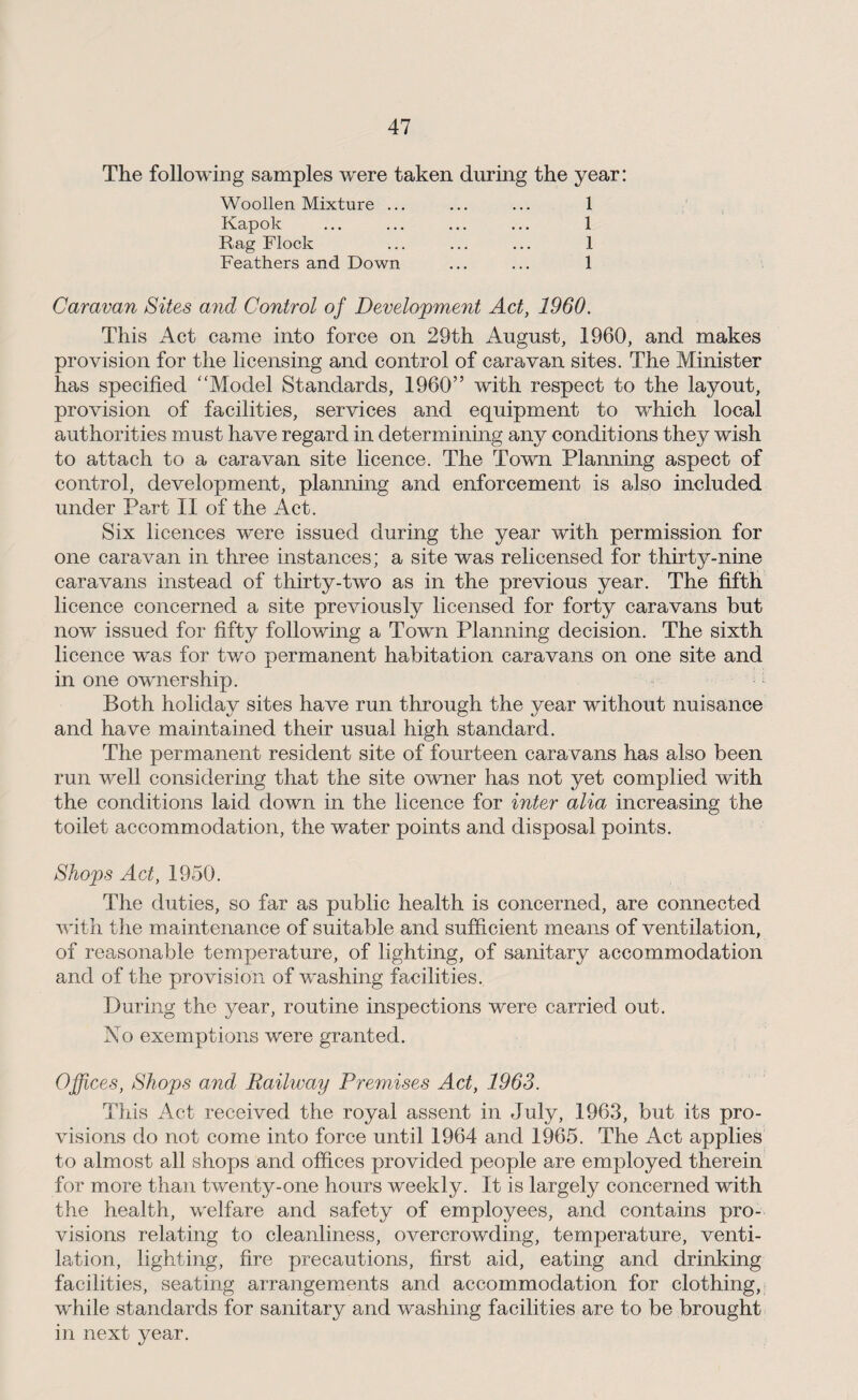 The following samples were taken during the year: Woollen Mixture .. Kapok Rag Flock Feathers and Down 1 1 1 1 Caravan Sites and Control of Development Act, 1960. This Act came into force on 29th August, 1960, and makes provision for the licensing and control of caravan sites. The Minister has specified “Model Standards, 1960” with respect to the layout, provision of facilities, services and equipment to which local authorities must have regard in determining any conditions they wish to attach to a caravan site licence. The Town Planning aspect of control, development, planning and enforcement is also included under Part II of the Act. Six licences were issued during the year with permission for one caravan in three instances; a site was relicensed for thirty-nine caravans instead of thirty-two as in the previous year. The fifth licence concerned a site previously licensed for forty caravans but now’ issued for fifty following a Town Planning decision. The sixth licence was for two permanent habitation caravans on one site and in one ownership. Both holiday sites have run through the year without nuisance and have maintained their usual high standard. The permanent resident site of fourteen cara vans has also been run well considering that the site owner has not yet complied with the conditions laid down in the licence for inter alia increasing the toilet accommodation, the water points and disposal points. Shops Act, 1950. The duties, so far as public health is concerned, are connected with the maintenance of suitable and sufficient means of ventilation, of reasonable temperature, of lighting, of sanitary accommodation and of the provision of washing facilities. During the year, routine inspections were carried out. No exemptions were granted. Offices, Shops and Railway Premises Act, 1963. This Act received the royal assent in July, 1963, but its pro¬ visions do not come into force until 1964 and 1965. The Act applies to almost all shops and offices provided people are employed therein for more than twenty-one hours weekly. It is largely concerned with the health, welfare and safety of employees, and contains pro¬ visions relating to cleanliness, overcrowding, temperature, venti¬ lation, lighting, fire precautions, first aid, eating and drinking facilities, seating arrangements and accommodation for clothing, while standards for sanitary and washing facilities are to be brought in next year.