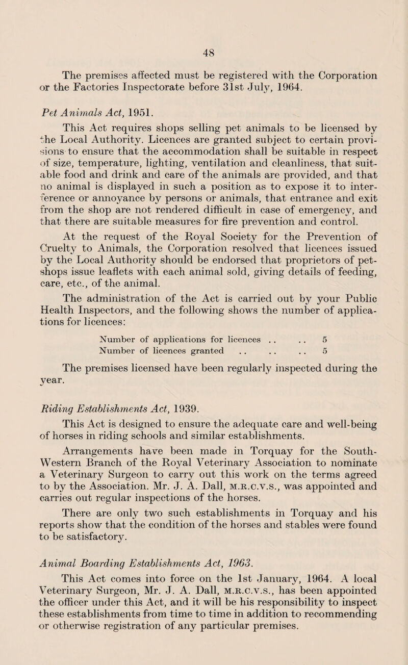 The premises affected must be registered with the Corporation or the Factories Inspectorate before 31st July, 1964. Pet Animals Act, 1951. This Act requires shops selling pet animals to be licensed by the Local Authority. Licences are granted subject to certain provi¬ sions to ensure that the accommodation shall be suitable in respect of size, temperature, lighting, ventilation and cleanliness, that suit¬ able food and drink and care of the animals are provided, and that no animal is displayed in such a position as to expose it to inter¬ ference or annoyance by persons or animals, that entrance and exit from the shop are not rendered difficult in case of emergency, and that there are suitable measures for fire prevention and control. At the request of the Royal Society for the Prevention of Cruelty to Animals, the Corporation resolved that licences issued by the Local Authority should be endorsed that proprietors of pet- shops issue leaflets with each animal sold, giving details of feeding, care, etc., of the animal. The administration of the Act is carried out by your Public Health Inspectors, and the following shows the number of applica¬ tions for licences: Number of applications for licences . . . . 5 Number of licences granted . . . . . . 5 The premises licensed have been regularly inspected during the year. Riding Establishments Act, 1939. This Act is designed to ensure the adequate care and well-being of horses in riding schools and similar establishments. Arrangements have been made in Torquay for the South- Western Branch of the Royal Veterinary Association to nominate a Veterinary Surgeon to carry out this work on the terms agreed to by the Association. Mr. J. A. Dali, m.r.c.v.s., was appointed and carries out regular inspections of the horses. There are only two such establishments in Torquay and his reports show that the condition of the horses and stables were found to be satisfactory. Animal Boarding Establishments Act, 1963. This Act comes into force on the 1st January, 1964. A local Veterinary Surgeon, Mr. J. A. Dali, m.r.c.v.s., has been appointed the officer under this Act, and it will be his responsibility to inspect these establishments from time to time in addition to recommending or otherwise registration of any particular premises.