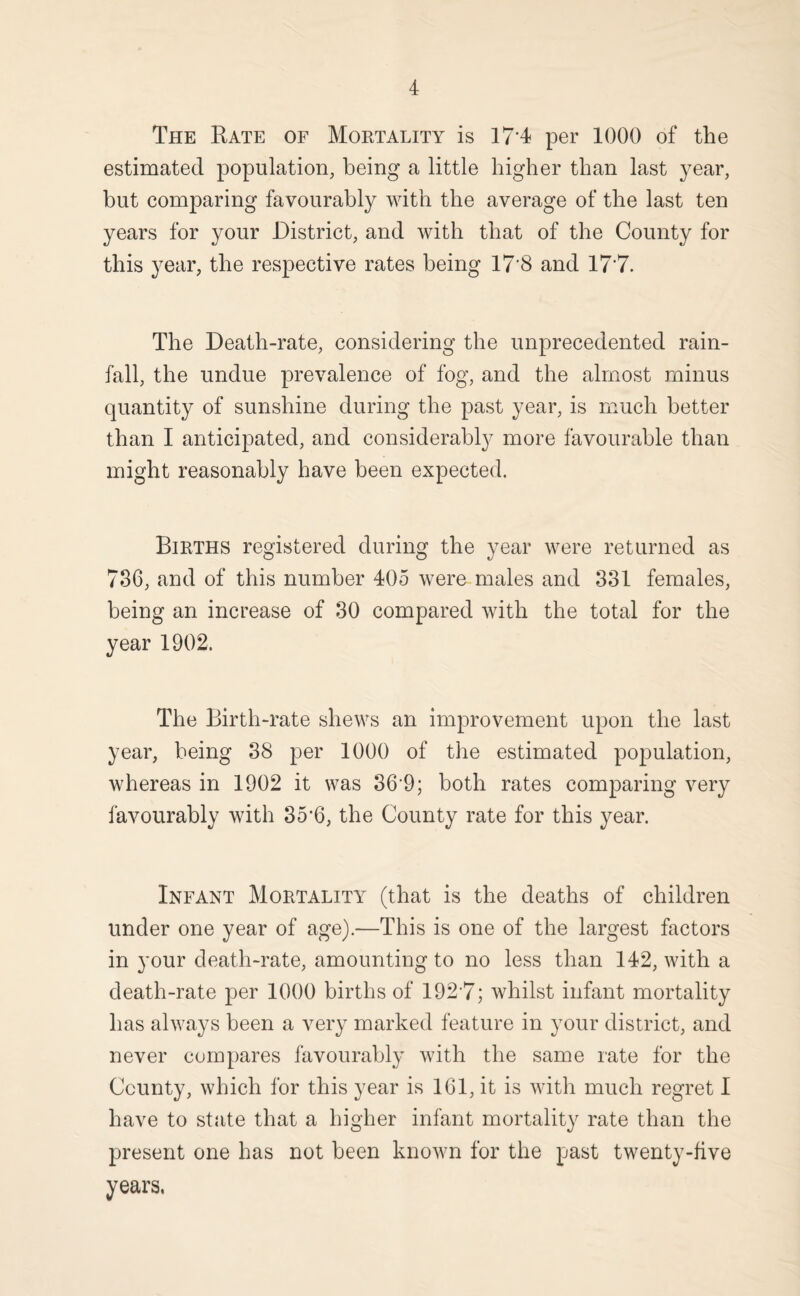 The Eate of Mortality is 17*4 per 1000 of the estimated population, being a little higher than last year, but comparing favourably with the average of the last ten years for your District, and with that of the County for this year, the respective rates being 17'8 and 17’7. The Death-rate, considering the unprecedented rain¬ fall, the undue prevalence of fog, and the almost minus quantity of sunshine during the past year, is much better than I anticipated, and considerably^ more favourable than might reasonably have been expected. Births registered during the year were returned as 786, and of this number 405 were males and 331 females, being an increase of 30 compared with the total for the year 1902. The Birth-rate shews an improvement upon the last year, being 38 per 1000 of the estimated population, whereas in 1902 it was 36'9; both rates comparing very favourably with 35’6, the County rate for this year. Infant Mortality (that is the deaths of children under one year of age).—This is one of the largest factors in 3'our death-rate, amounting to no less than 142, with a death-rate per 1000 births of 192'7; whilst infant mortality has always been a very marked feature in your district, and never compares favourably with the same rate for the County, which for this year is 161, it is Avith much regret I have to state that a higher infant mortality rate than the present one has not been knoAvn for the past twenty-five years,
