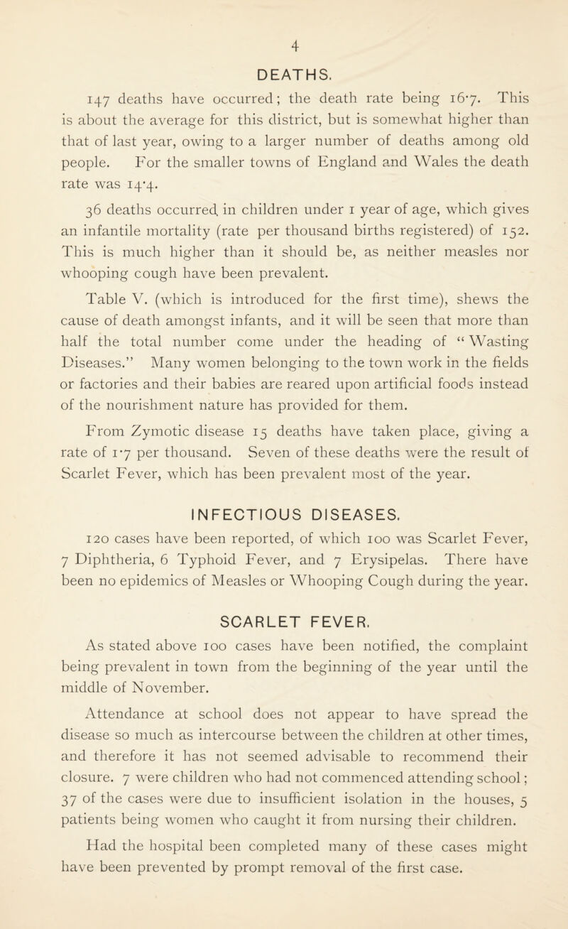 DEATHS. 147 deaths have occurred; the death rate being 167. This is about the average for this district, but is somewhat higher than that of last year, owing to a larger number of deaths among old people. For the smaller towns of England and Wales the death rate was 14*4. 36 deaths occurred, in children under i year of age, which gives an infantile mortality (rate per thousand births registered) of 152. This is much higher than it should be, as neither measles nor whooping cough have been prevalent. Table V. (which is introduced for the first time), shews the cause of death amongst infants, and it will be seen that more than half the total number come under the heading of “ Wasting Diseases.” Many women belonging to the town work in the fields or factories and their babies are reared upon artificial foods instead of the nourishment nature has provided for them. From Zymotic disease 15 deaths have taken place, giving a rate of 17 per thousand. Seven of these deaths were the result of Scarlet Fever, which has been prevalent most of the year. INFECTIOUS DISEASES. 120 cases have been reported, of which 100 was Scarlet Fever, 7 Diphtheria, 6 Typhoid Fever, and 7 Erysipelas. There have been no epidemics of Measles or Whooping Cough during the year. SCARLET FEVER. As stated above 100 cases have been notified, the complaint being prevalent in town from the beginning of the year until the middle of November. Attendance at school does not appear to have spread the disease so much as intercourse between the children at other times, and therefore it has not seemed advisable to recommend their closure. 7 were children who had not commenced attending school; 37 of the cases were due to insufficient isolation in the houses, 5 patients being women who caught it from nursing their children. Had the hospital been completed many of these cases might have been prevented by prompt removal of the first case.