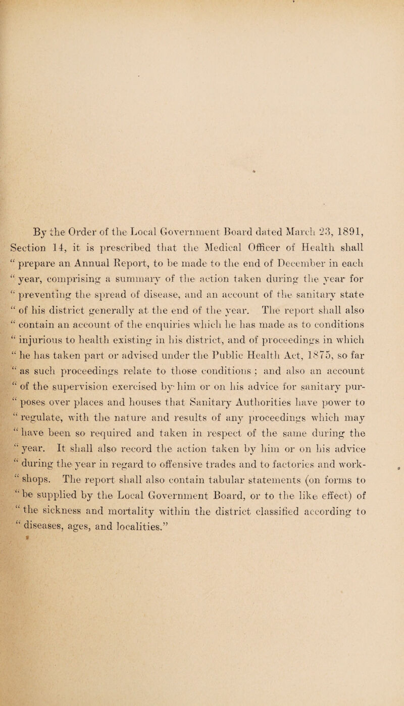 By the Order of the Local Government Board dated March 23, 1891, Section 14, it is prescribed that the Medical Officer of Health shall “ prepare an Annual Report, to be made to the end of December in each “■ year, comprising a summary of the action taken during the year for ‘‘ preventing the spread of disease, and an account of the sanitary state “ of his district generally at the end of the year. The report shall also “ contain an account of the enquiries which he has made as to conditions “ injurious to health existing in his district, and of proceedings in which “ he has taken part or advised under the Public Health Act, 1875, so far “ as such proceedings relate to those conditions ; and also an account “ of the supervision exercised by him or on his advice for sanitary pur- “ poses over places and houses that Sanitary Authorities have power to “ regulate, with the nature and results of any proceedings which may “ have been so required and taken in respect of the same during the “ year. It shall also! record the action taken by him or on his advice “ during the year in regard to offensive trades and to factories and work-  shops. The report shall also contain tabular statements (on forms to “ be supplied by the Local Government Board, or to the like effect) of “ the sickness and mortality within the district classified according to “ diseases, ages, and localities.”