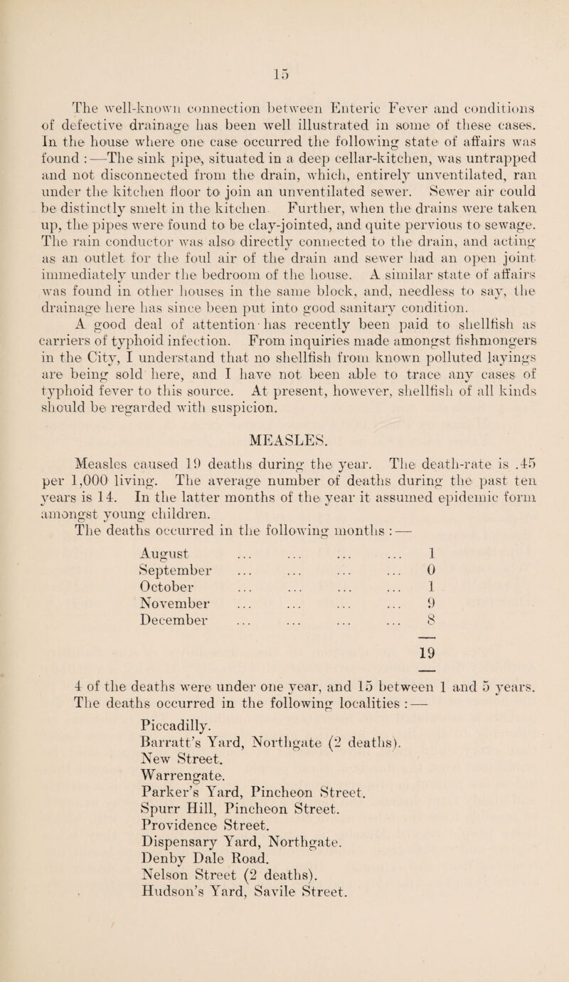 The well-known connection between Enteric Fever and conditions of defective drainage has been well illustrated in some of these cases. In the house where one case occurred the following state of affairs was found :—The sink pipe, situated in a deep cellar-kitchen, was untrapped and not disconnected from the drain, which, entirely unventilated, ran under the kitchen floor to join an unventilated sewer. Sewer air could be distinctly smelt in the kitchen. Further, when the drains were taken up, the pipes were found to be clay-jointed, and quite pervious to sewage. The rain conductor was also directly connected to the drain, and acting as an outlet for the foul air of the drain and sewer had an open joint immediately under the bedroom of the house. A similar state of affairs was found in other houses in the same block, and, needless to say, the drainage here has since been put into good sanitary condition. A good deal of attention -has recently been paid to shellfish as carriers of typhoid infection. From inquiries made amongst fishmongers in the City, I understand that no shellfish from known polluted layings are being sold here, and I have not been able to trace any cases of typhoid fever to this source. At present, however, shellfish of all kinds should be regarded with suspicion. MEASLES. Measles caused 19 deaths during the year. The death-rate is .45 per 1,000 living. The average number of deaths during the past ten years is 14. In the latter months of the year it assumed epidemic form amongst young children. The deaths occurred in the following months : — O August September October November December 1 0 1 9 8 4 of the deaths were under one year, and 15 between 1 and 5 years. The deaths occurred in the following localities : — Piccadilly. Barratt’s Yard, Northgate (2 deaths). New Street. Warrengate. Parker’s Yard, Pincheon Street. Spurr Hill, Pincheon Street. Providence Street. Dispensary Yard, Northgate. Denby Dale Road. Nelson Street (2 deaths). Hudson’s Yard, Savile Street.