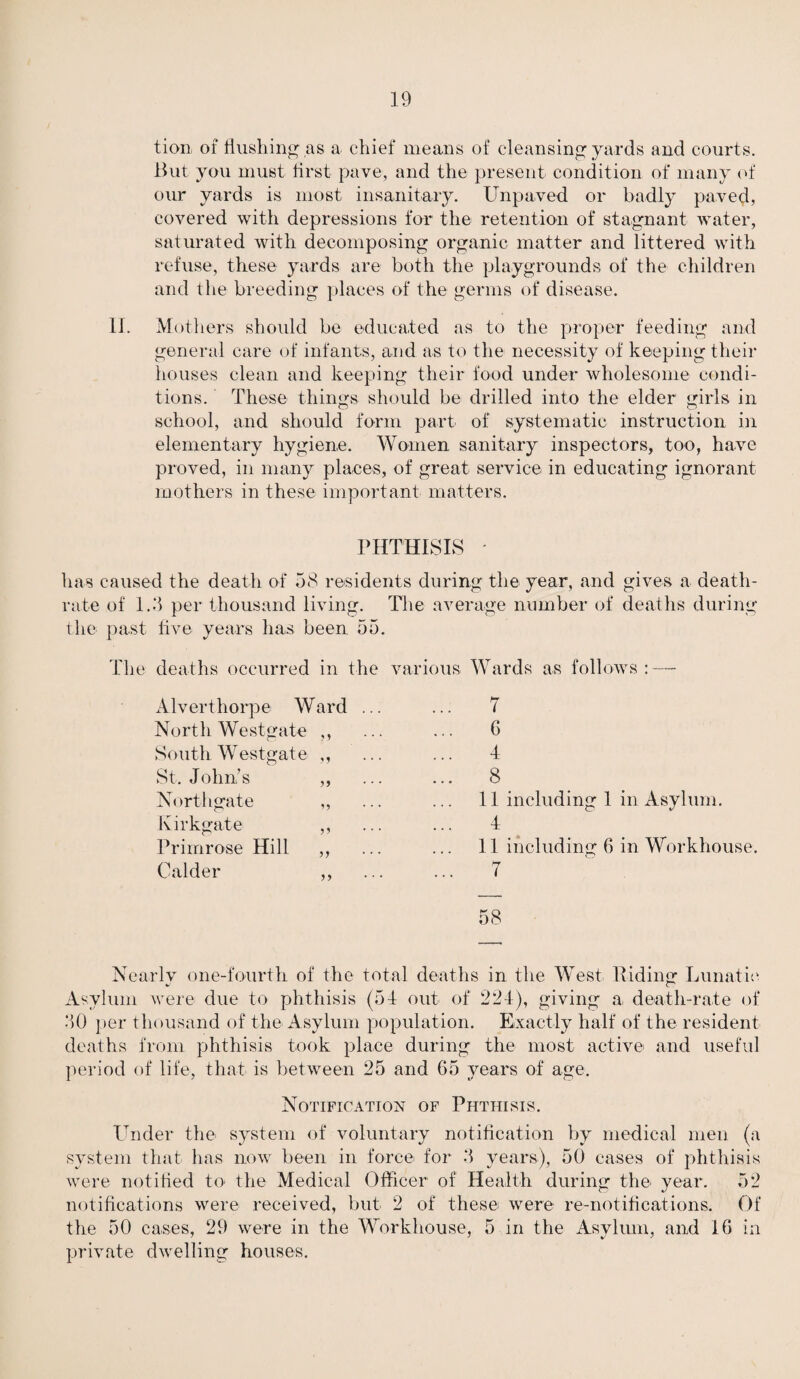 tion of flushing ,as a chief means of cleansing yards and courts. But you must first pave, and the present condition of many of our yards is most insanitary. Unpaved or badly paved, covered with depressions for the retention of stagnant water, saturated with decomposing organic matter and littered with refuse, these yards are both the playgrounds of the children and the breeding places of the germs of disease. II. Mothers should be educated as to the proper feeding and general care of infants, and as to the necessity of keeping their houses clean and keeping their food under wholesome condi¬ tions. These things should be drilled into the elder girls in school, and should form part of systematic instruction in elementary hygiene. Women sanitary inspectors, too, have proved, in many places, of great service in educating ignorant mothers in these important matters. PHTHISIS ■ has caused the death of 58 residents during the year, and gives a death- rate of 1.5 per thousand living. The average number of deaths during the past live years has been 55. The deaths occurred in the various Wards as follows : — Alverthorpe Ward ... ... 7 North Westgate ?} ... ... 6 South Westgate >1 • • • 4 St. Johns >5 ... ... 8 Northgate ... 11 including 1 in Asylum. Kirkgate 55 ... 4 Primrose Hill 55 ... 11 including 6 in Workhouse o Calder 5 5 ... 7 58 Nearly one-fourth of the total deaths in the West Biding Lunatic Asylum were due to phthisis (51 out of 224), giving a, death-rate of 50 per thousand of the Asylum population. Exactly half of the resident deaths from, phthisis took place during the most active and useful period of life, that is between 25 and 65 years of age. Notification of Phthisis. Under the system of voluntary notification by medical men (a system that has now been in force for 5 years), 50 cases of phthisis were notified to< the Medical Officer of Health during the year. 52 notifications were received, but 2 of these were re-notifications. Of the 50 cases, 29 were in the Workhouse, 5 in the Asylum, and 16 in private dwelling houses.