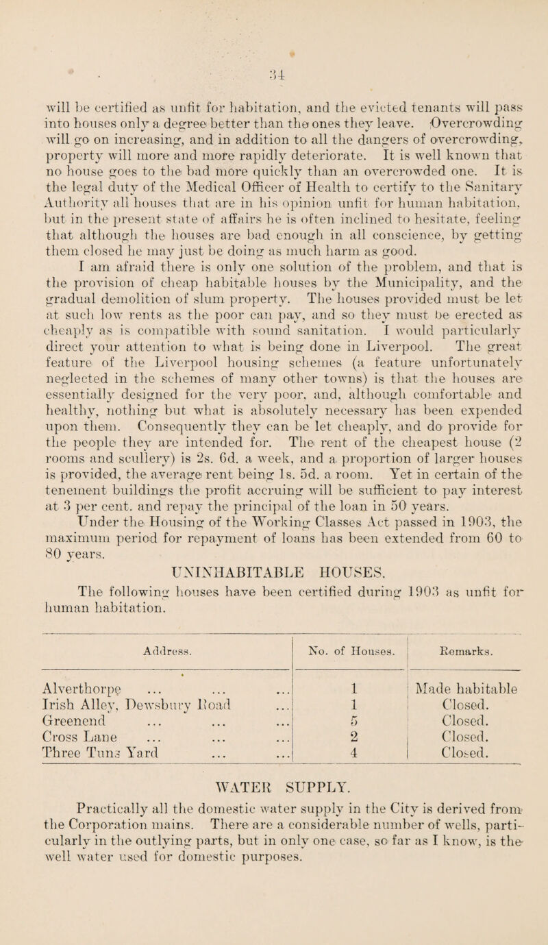 will be certified as unfit for habitation, and the evicted tenants will pass into houses only a degree better than the ones they leave. Overcrowding will go on increasing, and in addition to all the dangers of overcrowding, property will more and more rapidly deteriorate. It is well known that no house goes to the bad more quickly than an overcrowded one. It is the legal dutv of the Medical Officer of Health to certify to the Sanitary Authority all houses that are in his opinion unfit for human habitation, but in the present state of affairs he is often inclined to hesitate, feeling that although the houses are bad enough in all conscience, by getting* them closed he may just be doing as much harm as good. I am afraid there is only one solution of the problem, and that is the provision of cheap habitable houses by the Municipality, and the gradual demolition of slum property. The houses provided must be let at such low rents as the poor can pay, and so they must be erected as cheaply as is compatible with sound sanitation. I would particularly direct your attention to what is being done in Liverpool. The great feature of the Liverpool housing schemes (a feature unfortunately neglected in the schemes of many other towns) is that the houses are essentially designed for the very poor, and, although comfortable and healthy, nothing but what is absolutely necessary has been expended upon them. Consequently they can be let cheaply, and do provide for the people they are intended for. The rent of the cheapest house (2 rooms and scullery) is 2s. Cd. a week, and a proportion of larger houses is provided, the average rent being Is. 5d. a room. Yet in certain of the tenement buildings the profit accruing will be sufficient to pay interest at 3 per cent, and repay the principal of the loan in 50 years. Under the Housing of the Working Classes Act passed in 1903, the maximum period for repayment of loans has been extended from 60 to 80 years. UNINHABITABLE HOUSES. The following houses have been certified during 1903 as unfit for human habitation. Address. No. of Houses. Remarks. Alverthorpq 1 Made habitable Irish Alley, Dewsbury Road 1 Closed. Greenend 5 Closed. Cross Lane 2 Closed. Three Tuns Yard 4 Closed. WATER SUPPLY. Practically all the domestic water supply in the City is derived from the Corporation mains. There are a considerable number of wells, parti¬ cularly in the outlying parts, but in only one case, sc far as I know, is the- well water used for domestic purposes.