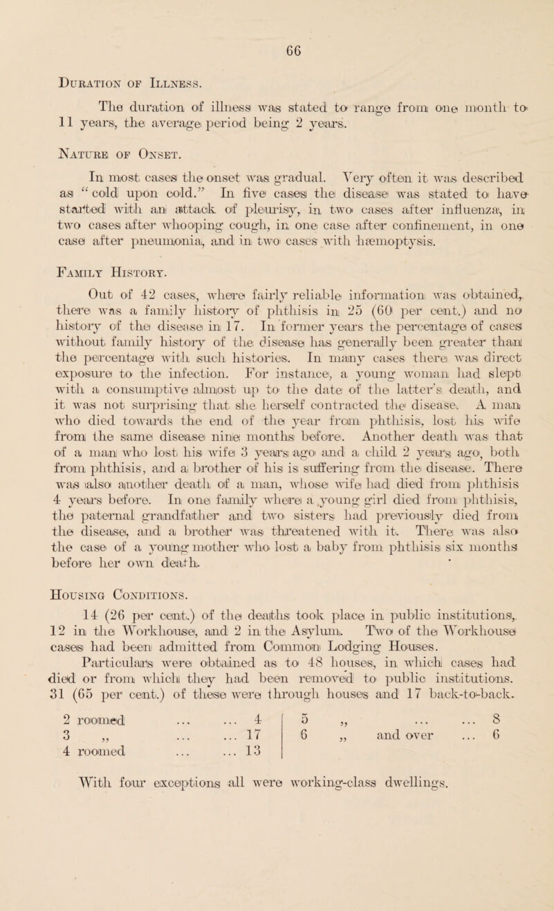 Duration of Illness. The duration of illness was stated to range from one month to 11 years, the average period being 2 years,. Nature, of Onset. In most, cases the onset was gradual. Very often it was described as “ cold upon cold,” In five cases the disease wa,s stated to have started with an attack of pleurisy,, in two cases, after influenza, in two cases after whooping cough, in one case after confinement, in one case after pneiumoniai, and in two cases with haemoptysis. Family History. Out of 42 cases, where fairly reliable information was obtained,, there was a family history of phthisis in 25 (6O' per cent,.) and no history of the disease in 17. In former years the percentage of cases without family history of the: disease has generally been greater than the percentage with such histories. In many cases there was direct exposure to the infection. For instance, a young woman had slept with a consumptive almost up to the date of the latter’s death, and it was not surprising that, she, herself contracted, the disease,. A man who died towards the end of the year from phthisis, lost his wife from the samel disease nine months before. Another death was that of a man who lost his wife 3 years ago and a child 2 year's ago, both from phthisis, and a brother of his is suffering from thei disease. There was also another death of a. man, whose wife had died from phthisis 4 years before. In one family where a young girl died from phthisis, the paternal grandfather and two sisters had previously died from the disease, and a brother was threatened with it,. There was also the case of a young mother who, lost a baby from phthisis six months before her own death. Housing Conditions. 14 (26 pea* cent,.) of the deaths took place in public institutions, 12 in the Workhouse, and 2 in the Asvlum. Two of the Workhouse castes had been admitted from Common Lodging Houses. Particulars were obtained as, to 48 houses, in which! cases had. died or from which they had been removed t,0' public institutions. 31 (65 per cent.) of these were through houses and 17 back-to-back- 2 roomed ... ... 4 f 5 ,, ... ... 8 3 ,, ... ... 17 6 „ and over ... 6 4 roomed ... ... 13 With four exceptions all were working-class dwellings.