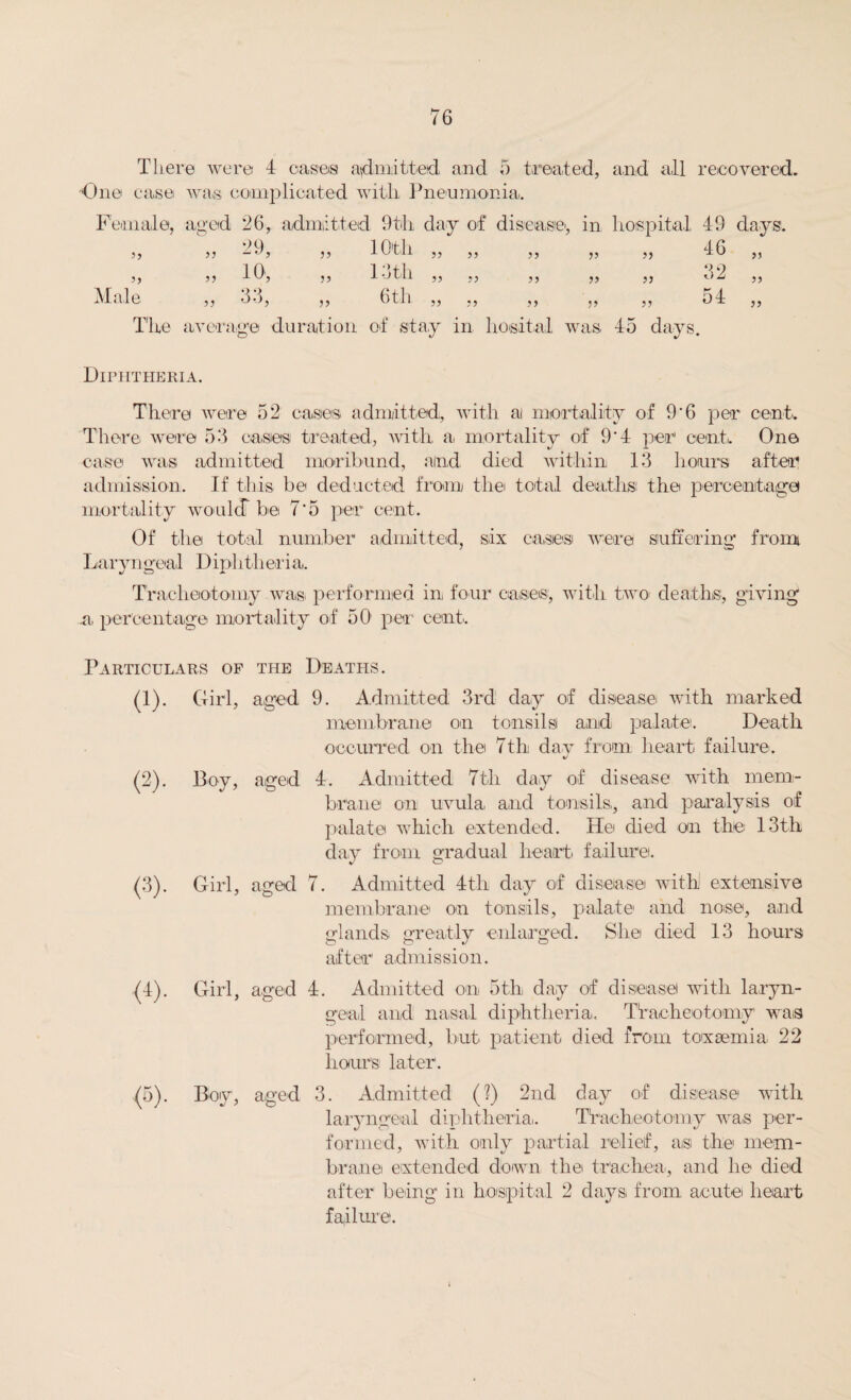 There were 4 oases admitted and 5 treated, and all recovered. One case was complicated with Pneumonia. Female, aged 26, ■admitted 9th day of disease, in hospital 49 days’. 9 Q jj 10th „ „ „ 33 3, 46 „ I—4 o 33 loth ,, ,, ,, 33 33 32 ,, iVI ell 0, ? 1 3 3 j 33 6th ,, ,, ,, 33 3, 54 „ The average duration of stay in hosital was 45 days. Diphtheria. There were 52 cases admitted, with a mortality of 9'6 per cent. There were 55 cases treated, with a mortality of 9'4 per1 cent. One case was admitted moribund, and died within 13 hours after admission. If this be deducted from the total deaths the percentage mortality would be 7*5 per cent. Of the total number admitted, six cases were suffering from Laryngeal Diphtheria. Tracheotomy was performed in. four cases, with two deaths, giving a percentage mortality of 50 per1 cent. Particulars of the Deaths. (1) . Girl, aged 9. Admitted 3rd day of disease with marked membrane on tonsils and palate. Death occurred on the 7th dav from heart failure. %/ (2) . Boy, aged 4. Admitted 7th day of disease with mem¬ brane on uvula and tonsils,, and paralysis of palate which extended. He died on the; 13th day from gradual heart failure. (3) . Girl, aged 7. Admitted 4th day of disease with extensive membrane on tonsils, palate and nose, and glands greatly enlarged. She died 13 hours after admission. (4) . Girl, aged 4. Admitted on 5th, day of disease with laryn¬ geal and nasal diphtheria. Tracheotomy was performed, but patient died from toxaemia, 22 hour's later. (5) . Boy, aged 3. Admitted (?) 2nd day of disease with laryngeal diphtheria. Tracheotomy was per¬ formed, with only partial relief, as the mem¬ brane extended down the trachea, and he died after being in hospital 2 days, from acute heart failure.