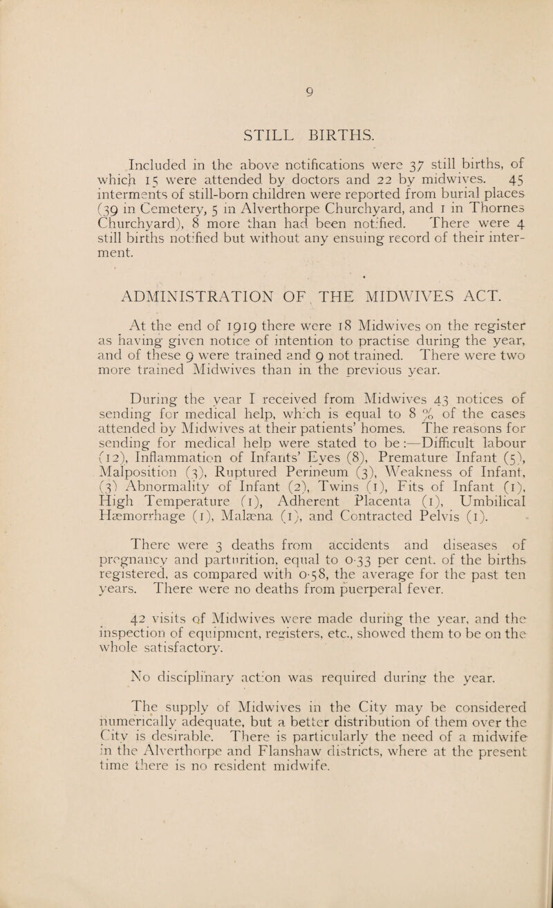 STILL BIRTHS. Included in the above notifications were 3 7 still births, of which 15 were attended by doctors and 22 by midwives. 45 interments of still-born children were reported from burial places (39 in Cemetery, 5 in Alverthorpe Churchyard, and 1 in Thornes Churchyard), 8 more than had been notified. There were 4 still births notified but without any ensuing record of their inter¬ ment. ADMINISTRATION OF THE MIDWIVES ACT. At the end of 1919 there were 18 Midwives on the register as having given notice of intention to practise during the year, and of these 9 were trained and 9 not trained. There were two more trained Midwives than in the previous year. During the year I received from Midwives 43 notices of sending for medical help, which is equal to 8 % of the cases attended by Midwives at their patients’ homes. The reasons for sending for medical help were stated to be :—Difficult labour (12), Inflammation of Infants’ Eves (8), Premature Infant (5), Malposition (3), Ruptured Perineum (3), Weakness of Infant, (3) Abnormality of Infant (2), Twins (1), Fits of Infant (1), High Temperature fi), Adherent Placenta (1), Umbilical Flasmorrhage (1), Malaena (1), and Contracted Pelvis (1). There were 3 deaths from accidents and diseases of pregnancy and parturition, equal to 033 per cent, of the births registered, as compared with 058, the average for the past ten years. There were no deaths from puerperal fever. 42 visits of Midwives were made during the year, and the inspection of equipment, registers, etc., showed them to be on the whole satisfactory. No disciplinary action was required during the year. The supply of Midwives in the City may be considered numerically adequate, but a better distribution of them over the City is desirable. There is particularly the need of a midwife in the Alverthorpe and Flanshaw districts, where at the present time there is no resident midwife.