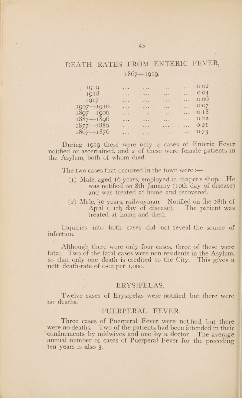 DEATH RATES FROM ENTERIC FEVER, 1867-1919. 1919 . 0-02 I9l8 0-04 I9U . 0-06 1907-I9l6 . 0-07 I§97-1906 ... ... . 0-18 I887—I896 . 0-22 1877—a 886 0-21 1-867—1876 073 During 1919 there were only 4 cases of Enteric Fever notified or ascertained, and 2 of these were female patients in the Asylum, both of whom died. The two cases that occurred In the town were (1) Male, aged 16 years, employed in draper’s shop. He was notified on 8th January (10th day of disease) and was treated at home and recovered. (2) Male, 30 years, railwayman. Notified on the 28th of April (nth day of disease). The patient was treated at home and died. Inquiries into both cases did not reveal the source of infection. 1 Although there were only four cases, three of these were fatal. Two' of the fatal cases were non-residents in the Asylum, so that only one death is credited to the City. This gives a nett death-rate of 0-02 per 1,000. . ERYSIPELAS. Twelve cases of Erysipelas were notified, but there were no deaths. PUERPERAL FEVER. Three cases of Puerperal Fever were notified, but there were no deaths. Two of the patients had been attended in their confinements by midwives and one by a doctor. The average annual number of cases of Puerperal Fever for the preceding ten years is also 3.