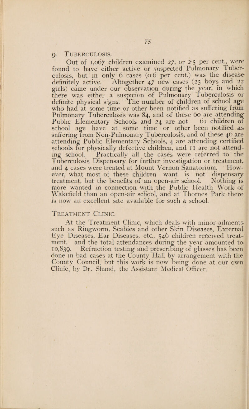 9. Tuberculosis. Out of 1,067 children examined 27, or 2 5 per cent., were found to have either active or suspected Pulmonary Tuber¬ culosis, but in only 6 cases (o-6 per cent.) was the disease definitely active. Altogether 47 new cases (25 boys and 22 girls) came under our observation during the year, in which there was either a suspicion of Pulmonary Tuberculosis or definite physical signs. The number of children of school age who had at some time or other been notified as suffering from Pulmonary Tuberculosis was 84, and of these 60 are attending Public Elementary Schools and 24 are not 61 children ol school age have at some time or other been notified as suffering from Non-Pulmonary Tuberculosis, and of these 46 are attending Public Elementary Schools, 4 are attending certified schools for physically defective children, and 11 are not attend¬ ing school. Practically all the cases were referred to the Tuberculosis Dispensary for further investigation or treatment, and 4 cases were treated at Mount Vernon Sanatorium. How¬ ever, what most of these children want is not dispensary treatment, but the benefits of an open-air school. Nothing is more wanted in connection with the Public Health Work of Wakefield than an open-air school, and at Thornes Park there- is now an excellent site available for such a school. Treatment Clinic. At the Treatment Clinic, which deals with minor ailments- such as Ringworm, Scabies and other Skin Diseases, External Eye Diseases, Ear Diseases, etc., 546 children received treat¬ ment, and the total attendances during the year amounted to 10,839. Refraction testing and prescribing of glasses has been done in bad cases at the County Hall by arrangement with the County Council, but this work is now being done at our own Clinic, by Dr. Shand, the Assistant Medical Officer.
