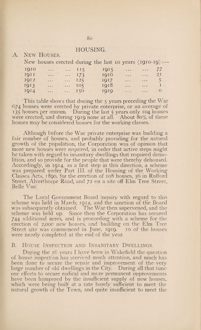 So HOUSING. A. New Houses. New houses erected during the last 10 years (1910-19) : 1910 ... ... 113 1915 ... 77 1911 . US 1916 21 1912 . 125 1917 5 I9U ... ... 103 1918 1 1914 . 156 J919 0 This table shows that during the 5 years preceding the War •674 houses were erected by private enterprise, or an average of 135 houses per annum. During the last 5 years only 104 houses were erected, and during 1919 none at all. About 80% of these houses may be considered houses for the working classes. Although before the War private enterprise was building a fair number of houses, and probably providing for the natural growth of the population, the Corporation was of opinion that more new houses were required, in order that active steps might be taken with regard to insanitary dwellings that required demo¬ lition, and so provide for the people that were thereby dehoused. Accordingly, in 1914, as a first step in this direction, a. scheme was prepared under Part III. of the Housing of the Working Classes Acts, 1890, for the erection of 108 houses, 36 in Rufford Street, Alverthorpe Road, and 72 on a site off Elm Tree Street, Belle Vue. The Local Government Board inquiry with regard to this scheme was held in March; 1914, and the sanction of the Board was subsequently obtained. The War then supervened, and the scheme was held up. Since then the Corporation has secured 744 additional acres, and is proceeding with a scheme for the erection of 2,000 new houses, and building on the Elm Tree Street site was commenced in, June, 1919. 10 of the houses were nearly completed at the end of the year. B. House Inspection and Insanitary Dwellings. During the 16 years I have been in Wakefield the question of house inspection has received much attention, and much has been done to secure the repair and improvement of the very large number of old dwellings in the City. During all that time our efforts to secure radical and more permanent improvements have been hampered by the insufficient supply of new houses, which were being built at a rate barely sufficient to meet the natural growth of the Town, and quite insufficient to meet the