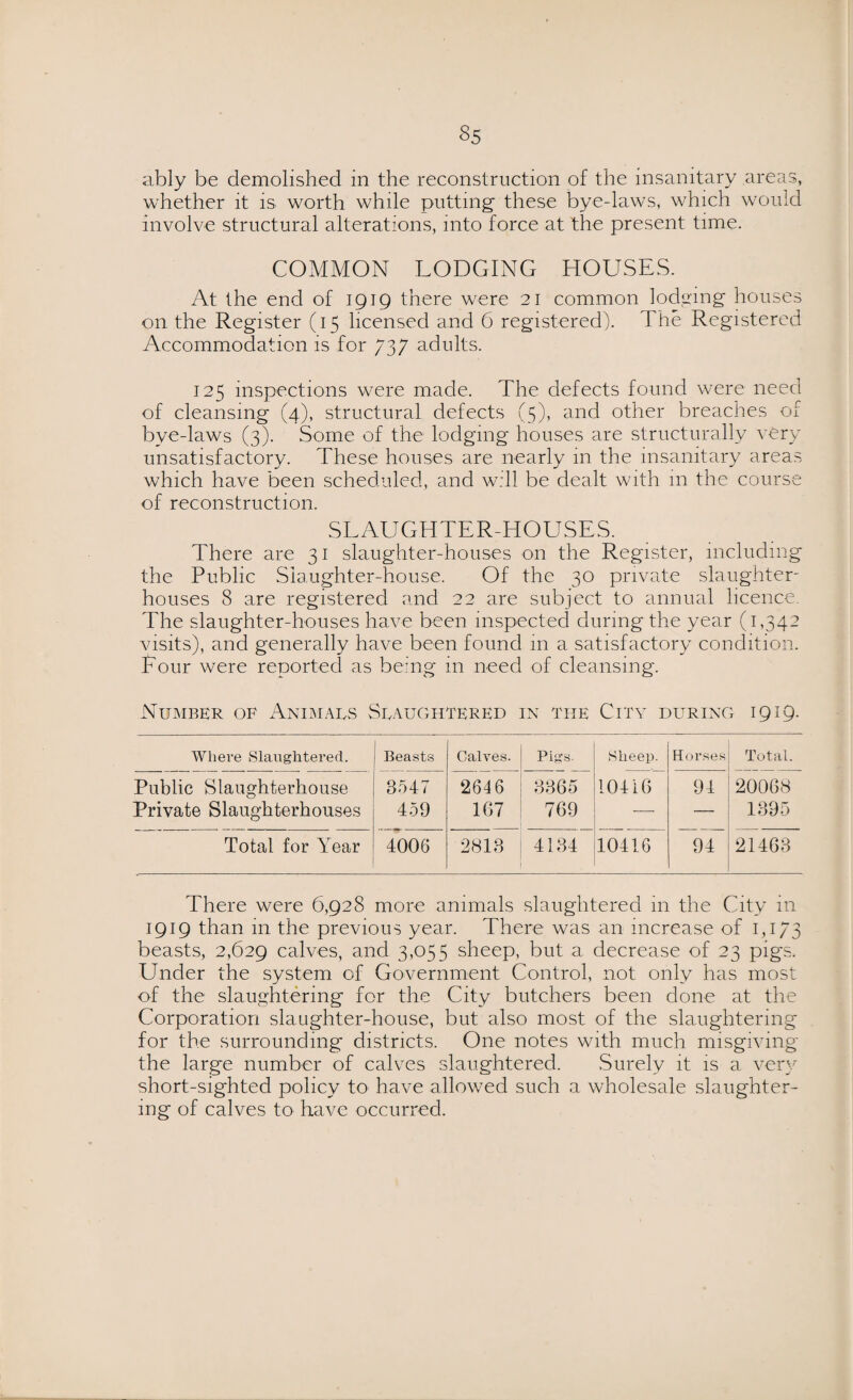 ably be demolished in the reconstruction of the insanitary areas, whether it is. worth while putting- these bye-laws, which would involve structural alterations, into force at the present time. COMMON LODGING HOUSES. At the end of 1919 there were 21 common lodging houses on the Register (15 licensed and 6 registered). The Registered Accommodation is for 737 adults. 125 inspections were made. The defects found were need of cleansing (4), structural defects (5), and other breaches of bye-laws (3). Some of the lodging houses are structurally very unsatisfactory. These houses are nearly in the insanitary areas which have been scheduled, and will be dealt with in the course of reconstruction. SLAUGHTER-HOUSES. There are 31 slaughter-houses on the Register, including the Public Slaughter-house. Of the 30 private slaughter' houses 8 are registered and 22 are subject to annual licence. The slaughter-houses have been inspected during the year (1,342 visits), and generally have been found 111 a satisfactory condition. Four were reported as being in need of cleansing. Number of Animaes Slaughtered in the City during 1919. Where Slaughtered. Beasts Calves. Pigs. Sheep. Horses Total. Public Slaughterhouse Private Slaughterhouses 3547 459 264 6 167 3365 769 10416 94 20068 1395 Total for Year 4006 2813 4134 10416 94 21463 There were 6,928 more animals slaughtered 111 the City 112 1919 than in the previous year. There was an increase of 1,173 beasts, 2,629 calves, and 3,055 sheep, but a decrease of 23 pig's. Under the system of Government Control, not only has most of the slaughtering for the City butchers been done at the Corporation slaughter-house, but also most of the slaughtering for the surrounding districts. One notes with much misgiving the large number of calves slaughtered. Surely it is a very short-sighted policy to have allowed such a wholesale slaughter¬ ing of calves to have occurred.