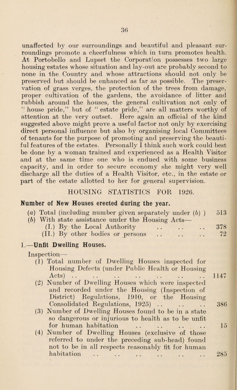 unaffected by our surroundings and beautiful and pleasant sur¬ roundings promote a cheerfulness which in turn promotes health. At Portobello and Lupset the Corporation possesses two large housing estates whose situation and lay-out are probably second to none in the Country and whose attractions should not only be preserved but should be enhanced as far as possible. The preser¬ vation of grass verges, the protection of the trees from damage, proper cultivation of the gardens, the avoidance of litter and rubbish around the houses, the general cultivation not only of “ house pride,” but of estate pride,” are all matters worthy of attention at the very outset. Here again an official of the kind suggested above might prove a useful factor not only by exercising direct personal influence but also by organising local Committees of tenants for the purpose of promoting and preserving the beauti¬ ful features of the estates. Personally I think such work could best be done by a woman trained and experienced as a Health Visitor and at the same time one who is endued with some business capacity, and in order to secure economy she might very well discharge all the duties of a Health Visitor, etc., in the estate or part of the estate allotted to her for general supervision. HOUSING STATISTICS FOR 1926. Number of New Houses erected during the year. (а) Total (including number given separately under (b) ) 513 (б) With state assistance under the Housing Acts— (I.) By, the Local Authority . . . . . . 378 (II.) By other bodies or persons . . . . . . 72 1.—Unfit Dwelling Houses. Inspection— (1) Total number of Dwelling Houses inspected for Housing Defects (under Public Health or Housing Acts) . . . . . . . . . . . . . . 1147 (2) Number of Dwelling Houses which were inspected and recorded under the Housing (Inspection of District) Regulations, 1910, or the Housing Consolidated Regulations, 1925) . . . . . . 386 (3) Number of Dwelling Houses found to be in a state so dangerous or injurious to health as to be unfit for human habitation . . . . . . . . 15 (4) Number of Dwelling Houses (exclusive of those referred to under the preceding sub-head) found not to bo in all respects reasonably fit for human habitation . . . . . . . . . . . . 285