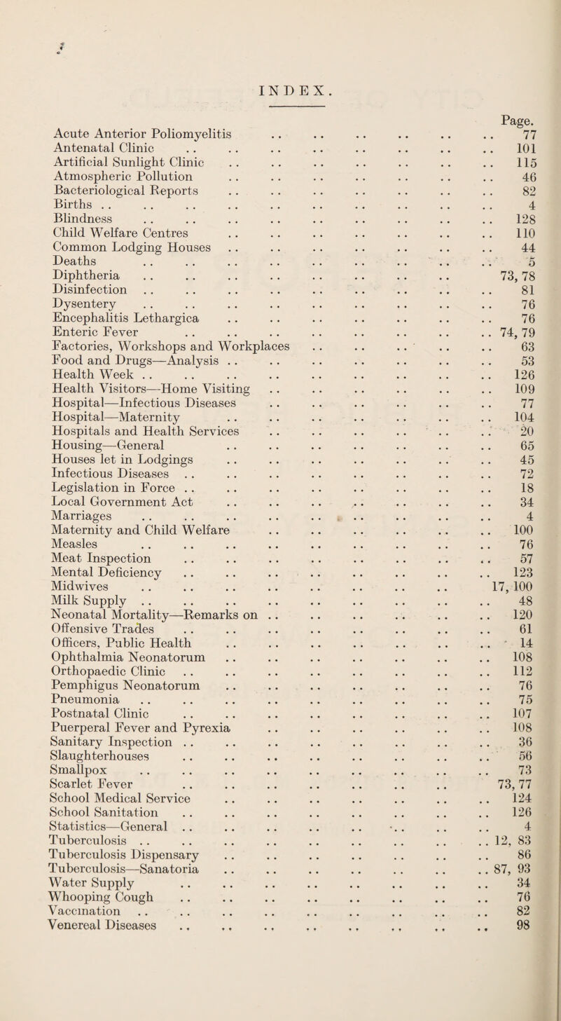 INDEX. Acute Anterior Poliomyelitis Antenatal Clinic Artificial Sunlight Clinic Atmospheric Pollution Bacteriological Reports Births . . Blindness Child Welfare Centres Common Lodging Houses Deaths Diphtheria Disinfection Dysentery Encephalitis Lethargica Enteric Fever Factories, Workshops and Work Food and Drugs—Analysis .. Health Week .. Health Visitors—^Home Visiting Hospital—Infectious Diseases Hospital—Maternity Hospitals and Health Services Housing—General pla es Houses let in Lodgings Infectious Diseases Legislation in Force ,. Local Government Act Marriages Maternity and Child Welfare Measles Meat Inspection Mental Deficiency Midwives Milk Supply .. Neonatal Mortality—Remarks on Offensive Trades Officers, Public Health Ophthalmia Neonatorum Orthopaedic Clinic Pemphigus Neonatorum Pneumonia Postnatal Clinic Puerperal Fever and Pyrexia Sanitary Inspection . . Slaughterhouses Smallpox Scarlet Fever School Medical Service School Sanitation Statistics—General .. Tuberculosis .. Tuberculosis Dispensary Tuberculosis—Sanatoria Water Supply Whooping Cough Vaccination Venereal Diseases Page. 77 101 115 46 82 4 128 110 44 5 73, 78 81 76 76 .. 74,79 63 53 126 109 77 104 20 65 45 72 18 34 4 100 76 57 123 17,100 48 120 61 .. ‘ 14 108 .. 112 76 75 107 108 36 .. 56 73 73, 77 .. 124 .. 126 4 . . 12, 83 86 .. 87, 93 34 76 82