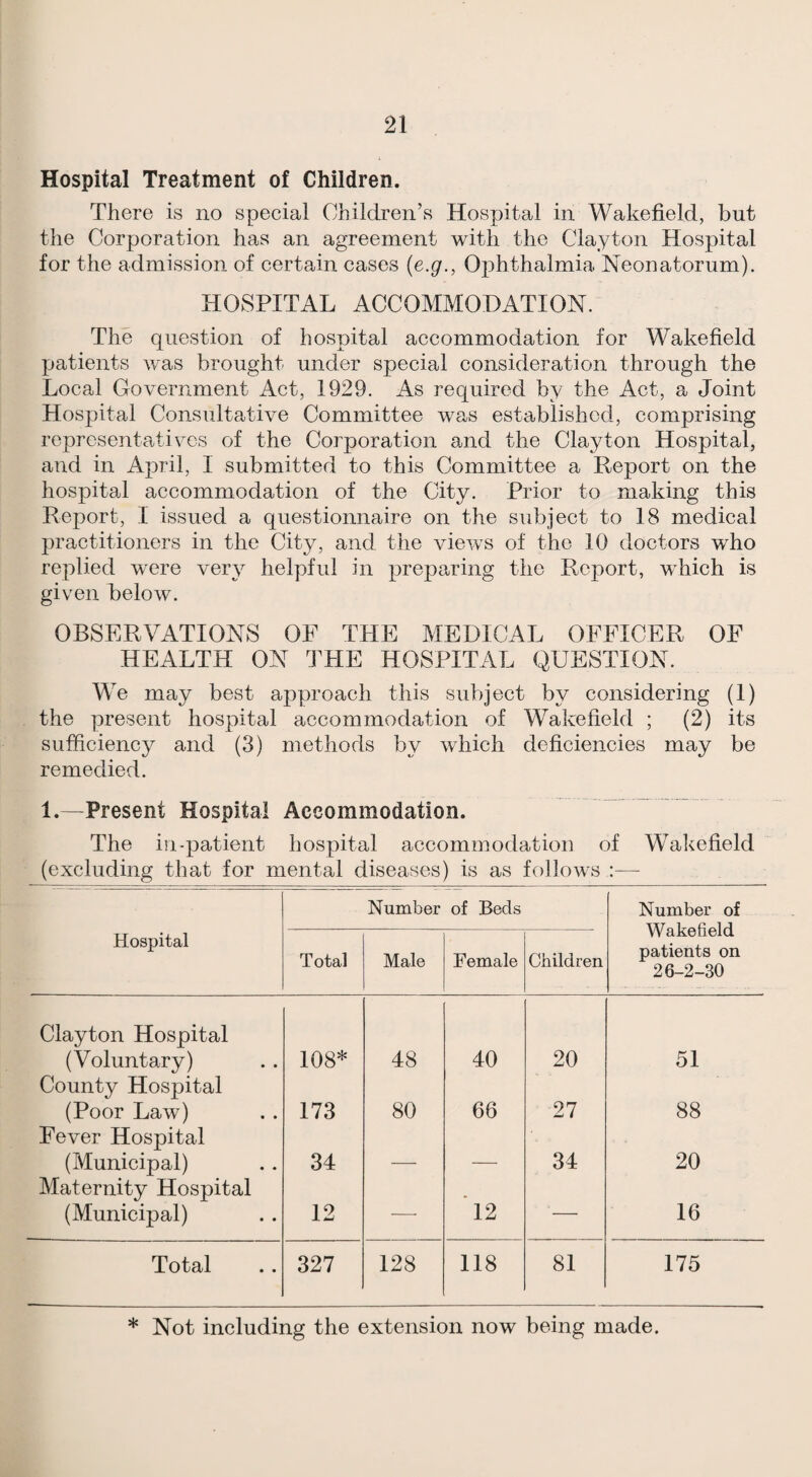 Hospital Treatment of Children. There is no special Children’s Hospital in Wakefield, but the Corporation has an agreement with the Clayton Hospital for the admission of certain cases (e.g., Ophthalmia Neonatorum). HOSPITAL ACCOMMODATION. The question of hospital accommodation for Wakefield patients was brought under special consideration through the Local Government Act, 1929. As required by the Act, a Joint Hospital Consultative Committee was established, comprising representatives of the Corporation and the Clayton Hospital, and in April, I submitted to this Committee a Report on the hospital accommodation of the City. Prior to making this Report, I issued a questionnaire on the subject to 18 medical practitioners in the City, and the views of the 10 doctors who replied were very helpful in preparing the Report, which is given below. OBSERVATIONS OF THE MEDICAL OFFICER OF HEALTH ON 9HIE HOSPITAL QUESTION. We may best approach this subject by considering (1) the present hospital accommodation of Wakefield ; (2) its sufficiency and (3) methods by which deficiencies may be remedied. 1.—Present Hospital Accommodation. The in-patient hospital accommodation of Wakefield (excluding that for mental diseases) is as follows :— Number of Beds Number of Wakefield patients on 26-2-30 Hospital Total Male Female Children Clayton Hospital (Voluntary) 108* 48 40 20 51 County Hospital (Poor Law) 173 80 66 27 88 Fever Hospital (Municipal) 34 _ _ 34 20 Maternity Hospital (Municipal) 12 •—■ *12 ^— 16 Total 327 128 118 81 175 * Not including the extension now being made.