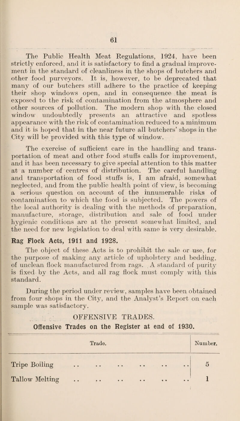 The Public Health Meat Regulations, 1924, have been strictly enforced, and it is satisfactory to find a gradual improve¬ ment in the standard of cleanliness in the shops of butchers and other food purveyors. It is, however, to be deprecated that many of our butchers still adhere to the practice of keeping their shop windows open, and in consequence the meat is exposed to the risk of contamination from the atmosphere and other sources of pollution. The modern shop with the closed window undoubtedly presents an attractive and spotless appearance with the risk of contamination reduced to a minimum and it is hoped that in the near future all butchers’ shops in the City will be provided with this type of window. The exercise of sufficient care in the handling and trans¬ portation of meat and other food stuffs calls for improvement, and it has been necessary to give special attention to this matter at a number of centres of distribution. The careful handling and transportation of food stuffs is, I am afraid, somewhat neglected, and from the public health point of view, is becoming a serious question on account of the innumerable risks of contamination to which the food is subjected. The powers of the local authority is dealing with the methods of preparation, manufacture, storage, distribution and sale of food under hygienic conditions are at the present somewhat limited, and the need for new legislation to deal with same is very desirable. Rag Flock Acts, 1911 and 1928, The object of these Acts is to prohibit the sale or use, for the purpose of making any article of upholstery and bedding, of unclean flock manufactured from rags. A standard of purity is fixed by the Acts, and all rag flock must comply with this standard. During the period under review, samples have been obtained from four shops in the City, and the Analyst’s Report on each sample was satisfactory. OFFENSIVE TRADES. Offensive Trades on the Register at end of 1930. Trade. Number. Tripe Boiling .. .. . • .. .. .. 5 Tallow Melting .. .. .. .. .. .. 1