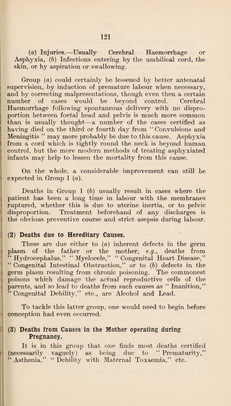 (a) Injuries.—Usually Cerebral Haemorrhage or Asphyxia, (6) Infections entering by the umbilical cord, the skin, or by aspiration or swallowing. Group (a) could certainly be lessened by better antenatal supervision, by induction of premature labour when necessary, and by correcting malpresentations, though even then a certain number of cases would be beyond control. Cerebral i Haemorrhage following spontaneous delivery with no dispro- I portion between foetal head and pelvis is much more common than is usually thought—a number of the cases certified as having died on the third or fourth day from ‘‘Convulsions and Meningitis ” may more probably be due to this cause. Asphyxia from a cord which is tightly round the neck is beyond human I control, but the more modern methods of treating asphyxiated infants may help to lessen the mortality from this cause. On the whole, a considerable improvement can still be e expected in Group 1 (a). Deaths in Group 1 (6) usually result in cases where the i patient has been a long time in labour with the membranes ruptured, whether this is due to uterine inertia, or to pelvic ^ disproportion. Treatment beforehand of any discharges is i the obvious preventive course and strict asepsis during labour. ■I (2) Deaths due to Hereditary Causes. These are due either to (a) inherent defects in the germ C plasm of the father or the mother, e.g., deaths from ' “ Hydrocephalus,” “ Myelocele,” “ Congenital Heart Disease,” ■ “ Congenital Intestinal Obstruction,” or to (b) defects in the \ germ plasm resulting from chronic poisoning. The commonest ( poisons which damage the actual reproductive cells of the i( parents, and so lead to deaths from such causes as “ Inanition,” i “ Congenital Debility,” etc., are Alcohol and Lead. To tackle this latter group, one would need to begin before > conception had even occurred. ii (3) Deaths from Causes in the Mother operating during i Pregnancy. I It is in this group that one finds most deaths certified \ (necessarily vaguely) as being due to “ Prematurity,” I “ Asthenia,” “ Debility with Maternal Toxaemia,” etc. i