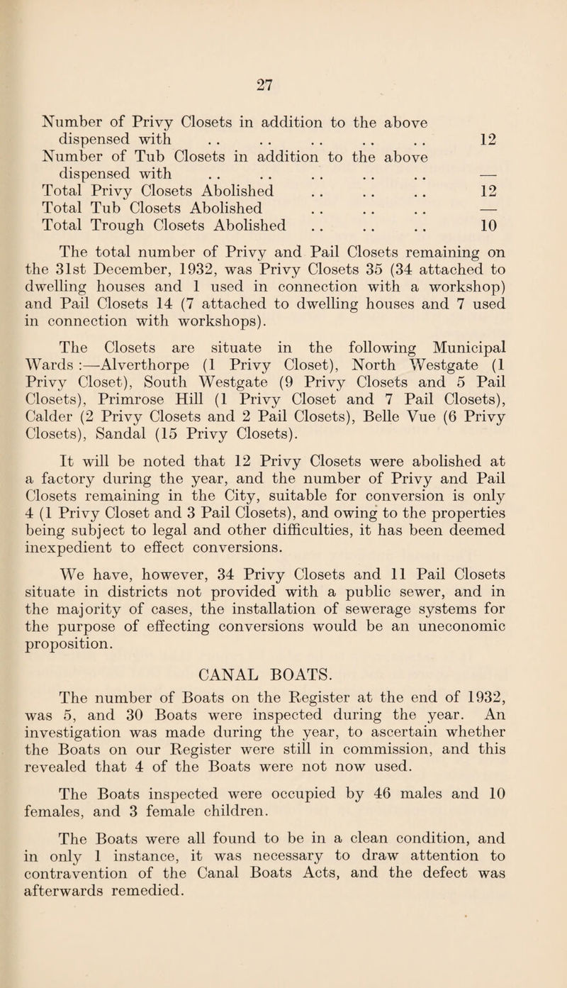 Number of Privy Closets in addition to the above dispensed with . . . . . . . . . . 12 Number of Tub Closets in addition to the above dispensed with . . . . . . . . .. — Total Privy Closets Abolished . . . . . . 12 Total Tub Closets Abolished . . .. . . — Total Trough Closets Abolished .. .. . . 10 The total number of Privy and Pail Closets remaining on the 31st December, 1932, was Privy Closets 35 (34 attached to dwelling houses and 1 used in connection with a workshop) and Pail Closets 14 (7 attached to dwelling houses and 7 used in connection with workshops). The Closets are situate in the following Municipal Wards :—Alverthorpe (1 Privy Closet), North Westgate (1 Privy Closet), South Westgate (9 Privy Closets and 5 Pail Closets), Primrose Hill (1 Privy Closet and 7 Pail Closets), Calder (2 Privy Closets and 2 Pail Closets), Belle Vue (6 Privy Closets), Sandal (15 Privy Closets). It will be noted that 12 Privy Closets were abolished at a factory during the year, and the number of Privy and Pail Closets remaining in the City, suitable for conversion is only 4 (1 Privy Closet and 3 Pail Closets), and owing to the properties being subject to legal and other difficulties, it has been deemed inexpedient to effect conversions. We have, however, 34 Privy Closets and 11 Pail Closets situate in districts not provided with a public sewer, and in the majority of cases, the installation of sewerage systems for the purpose of effecting conversions would be an uneconomic proposition. CANAL BOATS. The number of Boats on the Register at the end of 1932, was 5, and 30 Boats were inspected during the year. An investigation was made during the year, to ascertain whether the Boats on our Register were still in commission, and this revealed that 4 of the Boats were not now used. The Boats inspected were occupied by 46 males and 10 females, and 3 female children. The Boats were all found to be in a clean condition, and in only 1 instance, it was necessary to draw attention to contravention of the Canal Boats Acts, and the defect was afterwards remedied.