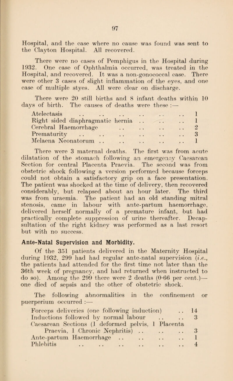 Hospital, and the case where no cause was found was sent to the Clayton Hospital. All recovered. There were no cases of Pemphigus in the Hospital during 1932. One case of Ophthalmia occurred, was treated in the Hospital, and recovered. It was a non-gonococcal case. There were other 3 cases of slight inflammation of the eyes, and one case of multiple styes. All were clear on discharge. There were 20 still births and 8 infant deaths within 10 days of birth. The causes of deaths were these :— Atelectasis . . . . . . . . . . . . 1 Right sided diaphragmatic hernia . . . . . . 1 Cerebral Haemorrhage . . . . . . . . 2 Prematurity . . . . . . . . . . . . 3 Melaena Neonatorum . . . . . . . . . . 1 There were 3 maternal deaths. The first was from acute dilatation of the stomach following an emergency Caesarean Section for central Placenta Praevia. The second was from obstetric shock following a version performed because forceps could not obtain a satisfactory grip on a face presentation. The patient was shocked at the time of delivery, then recovered considerably, but relapsed about an hour later. The third was from uraemia. The patient had an old standing mitral stenosis, came in labour with ante-partum haemorrhage, delivered herself normally of a premature infant, but had practically complete suppression of urine thereafter. Decap¬ sulation of the right kidney was performed as a last resort but with no success. Ante-Natal Supervision and Morbidity. Of the 351 patients delivered in the Maternity Hospital during 1932, 299 had had regular ante-natal supervision (i.e., the patients had attended for the first time not later than the 36th week of pregnancy, and had returned when instructed to do so). Among the 299 there were 2 deaths (0-66 per cent.)— one died of sepsis and the other of obstetric shock. The following abnormalities in the confinement or puerperium occurred :— Forceps deliveries (one following induction) . . 14 Inductions followed by normal labour . . .. 3 Caesarean Sections (1 deformed pelvis, 1 Placenta Praevia, 1 Chronic Nephritis) . . . . . . 3 Ante-partum Haemorrhage . . . . . . . . 1 Phlebitis . . . . . . . . , , ,, 4