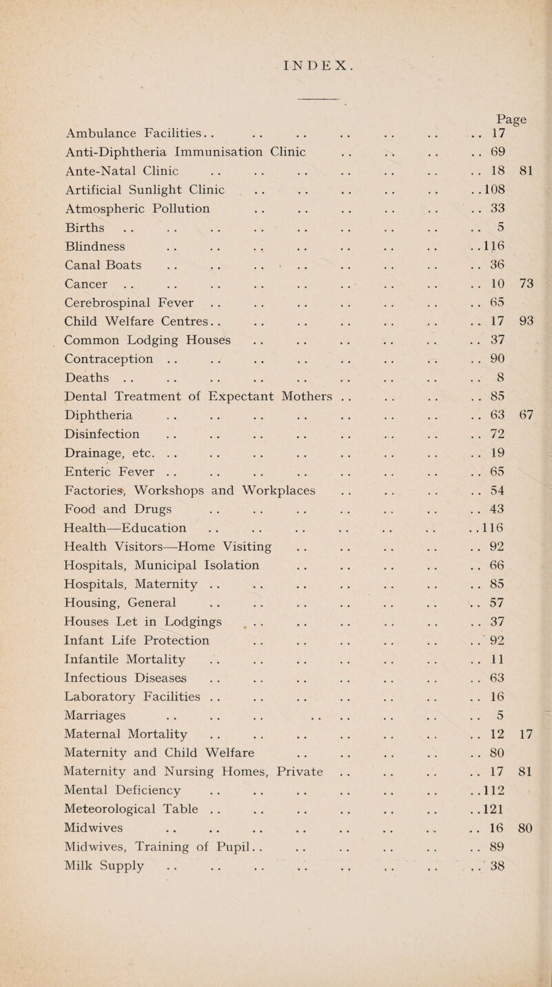 INDEX. Page Ambulance Facilities. . . . . . . . . . . . .. 17 Anti-Diphtheria Immunisation Clinic . . . . . . . . 69 Ante-Natal Clinic . . . . . . . . . . . . . . 18 81 Artificial Sunlight Clinic . . . . . . . . . . . . 108 Atmospheric Pollution . . . . . . . . . . . . 33 Births . . . . . . . . . . . . . . . . 5 Blindness .. .. ., .. .. .. .. ..116 Canal Boats . . . . . . . . . . . . . . . . 36 Cancer .. .. .. .. .. .. .. .. .. 10 73 Cerebrospinal Fever . . . . . . . . . . . . . . 65 Child Welfare Centres.. .. .. .. .. .. . . 17 93 Common Lodging Houses . . . . . . . . . . . . 37 Contraception . . . . . . . . . . . . . . . . 90 Deaths . . . . .. .. . . .. . . . . 8 Dental Treatment of Expectant Mothers . . . . . . . . 85 Diphtheria . . . . . . . . . . . . . . . . 63 67 Disinfection . . . . . . . . . . . . . . . . 72 Drainage, etc. . . . . . . . . . . . . . . . . 19 Enteric Fever . . . . . . . . . . . . . . . . 65 Factories, Workshops and Workplaces . . . . . . . . 54 Food and Drugs .. . . . . . . . . . . . . 43 Health—Education .. .. .. .. .. .. ..116 Health Visitors—Home Visiting . . . . . . . . . . 92 Hospitals, Municipal Isolation . . . . . . . . . . 66 Hospitals, Maternity . . . . . . . . . . . . . . 85 Housing, General . . . . . . . . . . . . . . 57 Houses Let in Lodgings . . . . . . . . . . . . 37 Infant Life Protection . . . . . . . . . . . . 92 Infantile Mortality . . . . . . . . . . . . ..11 Infectious Diseases . . . . . . . . . . . . . . 63 Laboratory Facilities . . . . . . . . . . . . . . 16 Marriages . . . . . . .... . . . . 5 Maternal Mortality .. .. .. .. .. .. ..1217 Maternity and Child Welfare . . . . . . . . . . 80 Maternity and Nursing Homes, Private . . . . . . . . 17 81 Mental Deficiency .. .. .. .. .. .. ..112 Meteorological Table .. .. .. .. .. .. ..121 Midwives .. .. .. . . . . . . . . . . 16 80 Mid wives. Training of Pupil.. .. .. .. .. ..89 Milk Supply . . . . . . . . . . . . . . . . 38