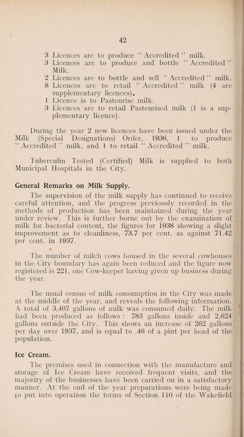 j 3 Licences are to produce “ Accredited ” milk. 3 Licences are to produce and bottle “ Accredited ” Milk. 2 Licences are to bottle and sell Accredited ” milk. 8 Licences are to retail “ Accredited ” milk (4 are supplementary licences)* 1 Licence is to Pasteurise milk. 3 Licences are to retail Pasteurised milk (1 is a sup¬ plementary licence). During the year 2 new licences have been issued under the Milk (Special Designations) Order, 1936, 1 to produce “ Accredited ” milk, and 1 to retail “ Accredited ” milk. i \ : Tuberculin Tested (Certified) Milk is supplied to both Municipal Hospitals in the City. 1 General Remarks on Milk Supply. The supervision of the milk supply has continued to receive careful attention, and the progress previously recorded in the methods of production has been maintained during the year under review. This is further borne out by the examination of milk for bacterial content, the figures for 1938 showing a slight improvement as to cleanliness, 73.7 per cent, as against 71.42 per cent, in 1937. The number of milch cows housed in the several cowhouses in the City boundary has again been reduced and the figure now registered is 221, one Cow-keeper having given up business during the year. The usual census of milk consumption in the City was made at the middle of the year, and reveals the following information. A total of 3,407 gallons of milk was consumed daily. The milk had been produced as follows : 783 gallons inside and 2,624 j gallons outside the City. This shows an increase of 262 gallons per day over 1937, and is equal to .46 of a pint per head of the population. Ice Cream. The premises used in connection with the manufacture and storage of Ice Cream have received frequent visits, and the majority of the businesses have been carried on in a satisfactory manner. At the end of the year preparations were being made to put into operation the terms of Section 110 of the Wakefield