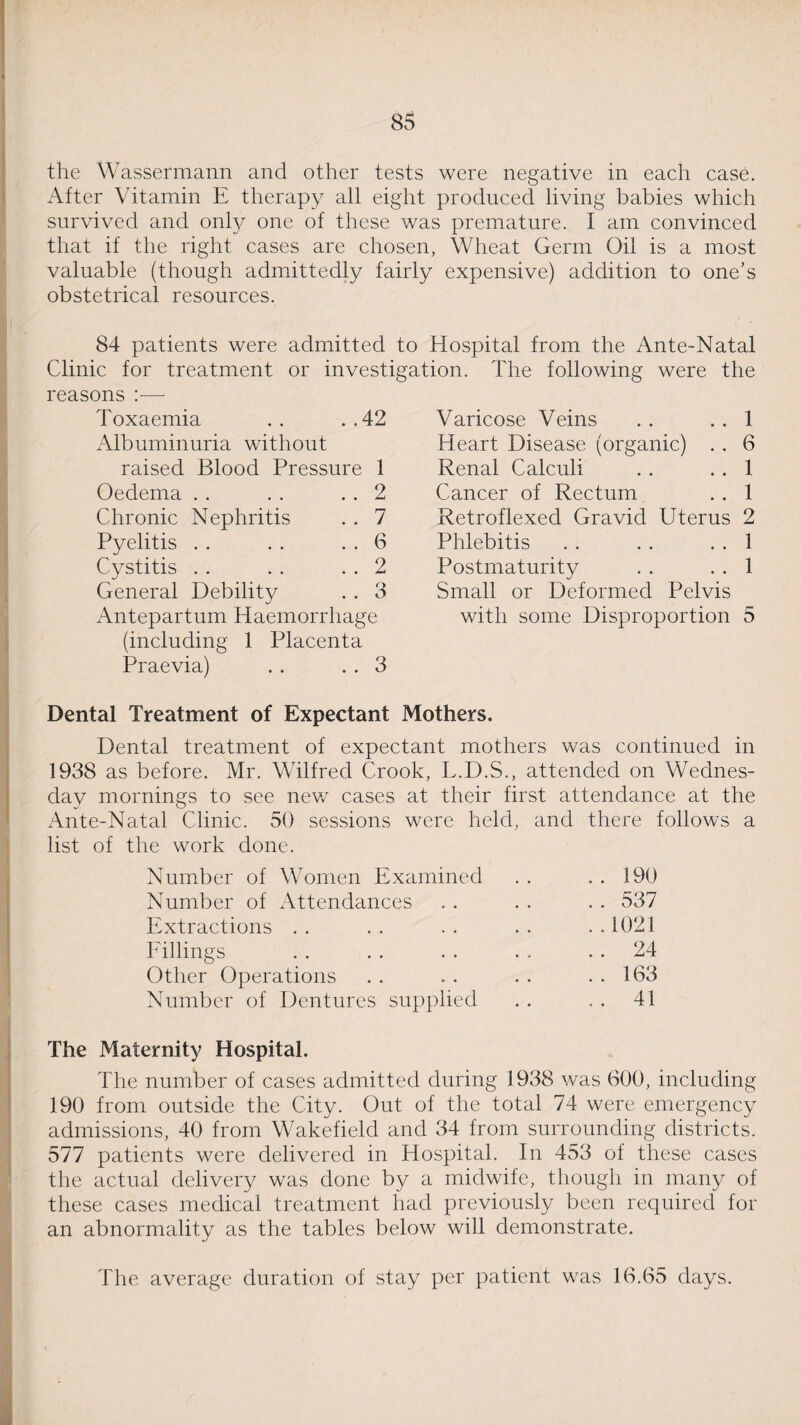 the Wassermann and other tests were negative in each case. After Vitamin E therapy all eight produced living babies which survived and only one of these was premature. I am convinced that if the right cases are chosen, Wheat Germ Oil is a most valuable (though admittedly fairly expensive) addition to one’s obstetrical resources. 84 patients were admitted to Hospital from the Ante-Natal Clinic for treatment or investigation. The following were the reasons :— Toxaemia .. ..42 Albuminuria without raised Blood Pressure 1 Oedema . . . . . . 2 Chronic Nephritis . . 7 Pyelitis . . . . . . 6 Cystitis . . . . . . 2 General Debility . . 3 Antepartum Haemorrhage (including 1 Placenta Praevia) . . .. 3 Varicose Veins . . . . 1 Heart Disease (organic) . . 6 Renal Calculi . . . . 1 Cancer of Rectum . . 1 Retroflexed Gravid Uterus 2 Phlebitis . . . . . . 1 Postmaturity . . . . 1 Small or Deformed Pelvis with some Disproportion 5 Dental Treatment of Expectant Mothers. Dental treatment of expectant mothers was continued in 1938 as before. Mr. Wilfred Crook, L.D.S., attended on Wednes¬ day mornings to see new cases at their first attendance at the Ante-Natal Clinic. 50 sessions were held, and there follows a list of the work done. Number of Women Examined . . . . 190 Number of Attendances . . . . . . 537 Extractions . . . . . . . . . . 1021 Fillings . . . . . . . . 24 Other Operations . . . . . . . . 163 Number of Dentures supplied .. .. 41 The Maternity Hospital. The number of cases admitted during 1938 was 600, including 190 from outside the City. Out of the total 74 were emergency admissions, 40 from Wakefield and 34 from surrounding districts. 577 patients were delivered in Hospital. In 453 of these cases the actual delivery was done by a midwife, though in many of these cases medical treatment had previously been required for an abnormality as the tables below will demonstrate. The average duration of stay per patient was 16.65 days.