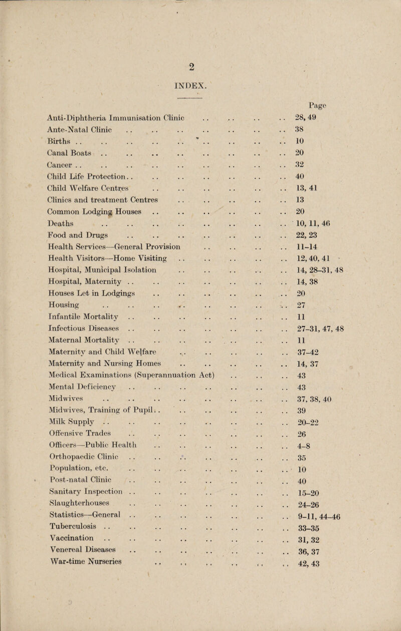 INDEX Anti-Diphtheria Immunisation Clinic Ante-Natal Clinic Births . . . . . . . . .. Canal Boats Cancer Child Life Protection Child Welfare Centres Clinics and treatment Centres Common Lodging Houses Deaths Food and Drugs Health Services—General Provision Health Visitors—Home Visiting Hospital, Municipal Isolation Hospital, Maternity Houses Let in Lodgings Housing Infantile Mortality Infectious Diseases Maternal Mortality Maternity and Child Welfare Maternity and Nursing Homes Medical Examinations (Superannuation Act) Mental Deficiency Midwives Midwives, Training of Pupil.. Milk Supply Offensive Trades Officers—Public Health Orthopaedic Clinic Population, etc. Post-natal Clinic Sanitary Inspection Slaughterhouses Statistics—General Tuberculosis Vaccination Venereal Diseases War-time Nurseries Page 28, 49 38 10 20 32 40 13, 41 13 20 10, 11, 46 22, 23 11-14 12,40, 41 14, 28-31, 48 14, 38 20 27 11 27-31, 47, 48 11 37-42 14, 37 43 43 37, 38, 40 39 20-22 26 4-8 35 10 40 15-20 24-26 9-11,44-46 33-35 31, 32 36, 37 42, 43