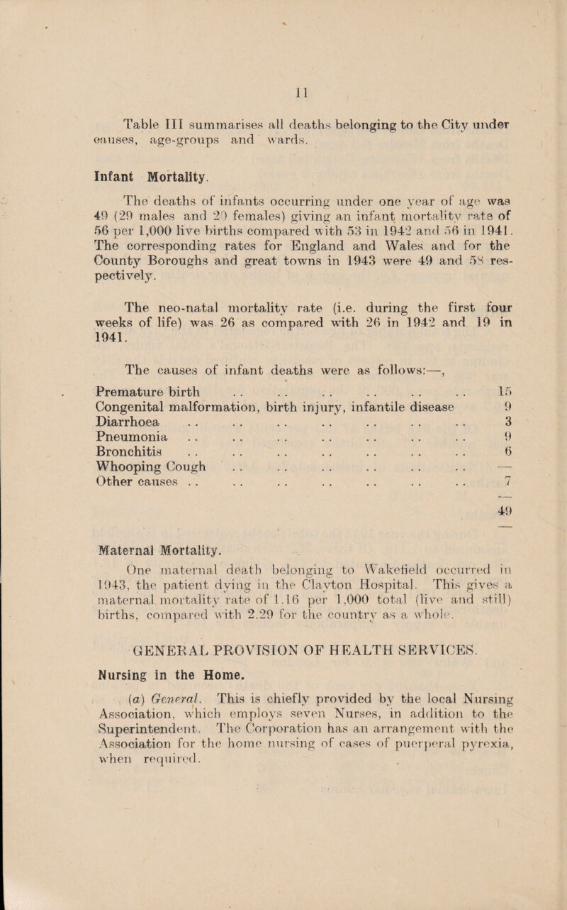 'Table III summarises all deaths belonging to the City under onuses, age-groups and wards. Infant Mortality. The deaths of infants occurring under one year of age was 49 (29 males and 20 females) giving an infant mortality rate of 56 per 1,000 live births compared with 53 in 1942 and 56 in 1941. The corresponding rates for England and Wales and for the County Boroughs and great towns in 1943 were 49 arid 58 res¬ pectively. The neo-natal mortality rate (i.e. during the first four weeks of life) was 26 as compared with 26 in 1942 and 19 in 1941. The causes of infant deaths were as follows:—, % Premature birth . . . . . . . . . . . . 15 Congenital malformation, birth injury, infantile disease 9 Diarrhoea . . . . . . . . . . . . . . 3 Pneumonia . . . . . . . . . . . . . . 9 Bronchitis . . . . . . . . . . . . . . 6 Whooping Cough Other causes .. .. .. . . . . . . . . 7 49 Maternal Mortality, One maternal death belonging to Wakefield occurred in 1943, the patient dying ill the Clayton Hospital. This gives a maternal mortality rate of 1.1.6 per 1,000 total (live and still) births, compared with 2.29 for the country as a whole. GENERAL PROVISION OF HEALTH SERVICES. Nursing in the Home. (a) General. This is chiefly provided by the local Nursing Association, which employs seven Nurses, in addition to the Superintendent. The Corporation has an arrangement with the Association for the home nursing of cases of puerperal pyrexia, when required.