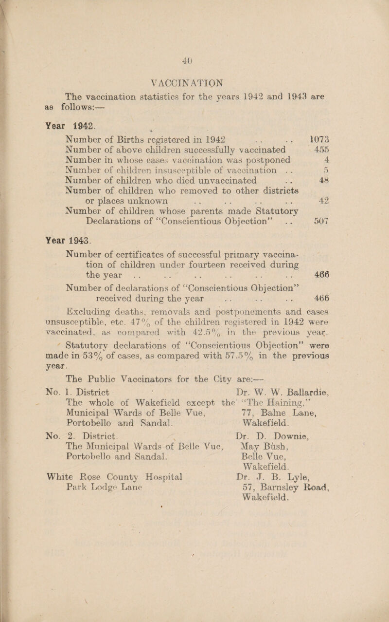 VACCINATION The vaccination statistics for the years 1942 and 1943 are as follows:— Year 1942. * Number of Births registered in 1942 . . . . 1073 Number of above children successfully vaccinated 455 Number in whose cases vaccination was postponed 4 Number of children insusceptible of vaccination . . 5 Number of children who died unvaccinated .. 48 Number of children who removed to other districts or places unknown . . . . . . . . 42 Number of children whose parents made Statutory Declarations of “Conscientious Objection” .. 507 Year 1943. Number of certificates of successful primary vaccina¬ tion of children under fourteen received during the year . . . . . . .. . . .. 466 Number of declarations of ‘'Conscientious Objection” received during the year . . . . . . 466 Excluding deaths, removals and postponements and cases unsusceptible, etc. 47% of the children registered in 1942 were vaccinated, as compared with 42.5% in the previous year. Statutory declarations of “Conscientious Objection” were made in 53% of cases, as compared with 57.5% in the previous year. The Public Vaccinators for the City are:— No. 1. District ' Dr. W. W. Ballardie, The whole of Wakefield except the “The Haming,’’ Municipal Wards of Belle Vue, 77, Balne Lane, Portobello and Sandal. Wakefield. No. 2. District. The Municipal Wards of Belle Vue, Portobello and Sandal. White Rose County Hospital Park Lodge Lane Dr. D. Downie, May Bush, Belle Vue, Wakefield, Dr. J. B. Lyle, 57, Barnsley Road, Wakefield. ‘