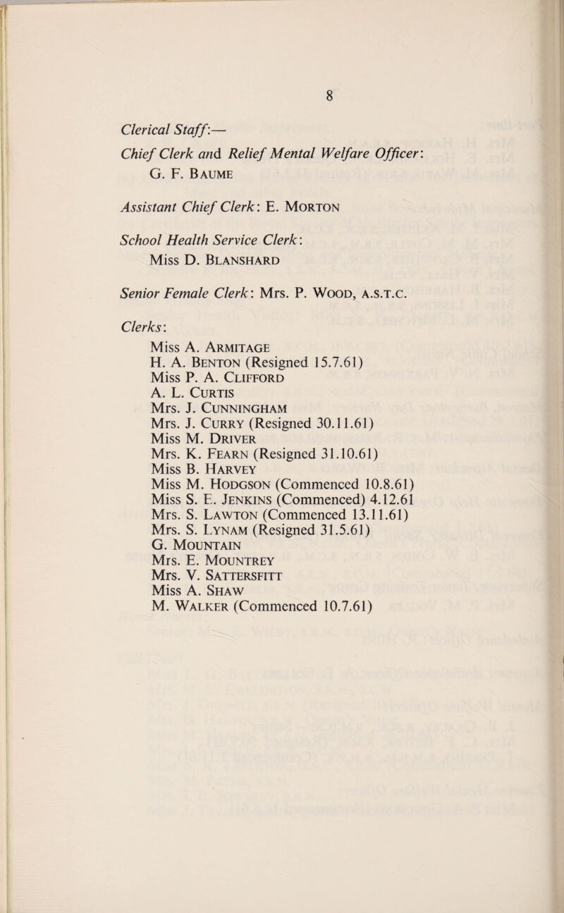 Clerical Staff:— Chief Clerk and Relief Mental Welfare Officer G. F. Baume Assistant Chief Clerk: E. Morton School Health Service Clerk: Miss D. Blanshard Senior Female Clerk: Mrs. P. Wood, a.s.t.c. Clerks: Miss A. Armitage H. A. Benton (Resigned 15.7.61) Miss P. A. Clifford A. L. Curtis Mrs. J. Cunningham Mrs. J. Curry (Resigned 30.11.61) Miss M. Driver Mrs. K. Fearn (Resigned 31.10.61) Miss B. Harvey Miss M. Hodgson (Commenced 10.8.61) Miss S. E. Jenkins (Commenced) 4.12.61 Mrs. S. Lawton (Commenced 13.11.61) Mrs. S. Lynam (Resigned 31.5.61) G. Mountain Mrs. E. Mountrey Mrs. V. Sattersfitt Miss A. Shaw M. Walker (Commenced 10.7.61)