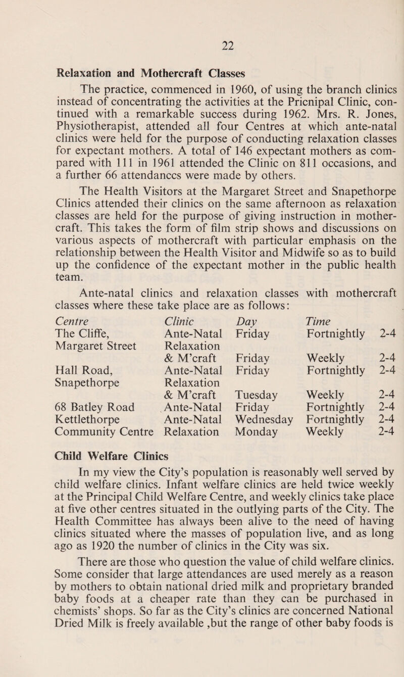 Relaxation and Mothercraft Classes The practice, commenced in 1960, of using the branch clinics instead of concentrating the activities at the Pricnipal Clinic, con¬ tinued with a remarkable success during 1962. Mrs. R. Jones, Physiotherapist, attended all four Centres at which ante-natal clinics were held for the purpose of conducting relaxation classes for expectant mothers. A total of 146 expectant mothers as com¬ pared with 111 in 1961 attended the Clinic on 811 occasions, and a further 66 attendances were made by others. The Health Visitors at the Margaret Street and Snapethorpe Clinics attended their clinics on the same afternoon as relaxation classes are held for the purpose of giving instruction in mother- craft. This takes the form of film strip shows and discussions on various aspects of mothercraft with particular emphasis on the relationship between the Health Visitor and Midwife so as to build up the confidence of the expectant mother in the public health team. Ante-natal clinics and relaxation classes with mothercraft classes where these take place are as follows: Centre Clinic Day Time The Cliffe, Ante-Natal Friday Fortnightly 2-4 Margaret Street Relaxation & M’craft Friday Weekly 2-4 Hall Road, Ante-Natal Friday Fortnightly 2-4 Snapethorpe Relaxation & M’craft Tuesday Weekly 2-4 68 Batley Road Ante-Natal Friday Fortnightly 2-4 Kettlethorpe Ante-Natal Wednesday Fortnightly 2-4 Community Centre Relaxation Monday Weekly 2-4 Child Welfare Clinics In my view the City’s population is reasonably well served by child welfare clinics. Infant welfare clinics are held twice weekly at the Principal Child Welfare Centre, and weekly clinics take place at five other centres situated in the outlying parts of the City. The Health Committee has always been alive to the need of having clinics situated where the masses of population live, and as long ago as 1920 the number of clinics in the City was six. There are those who question the value of child welfare clinics. Some consider that large attendances are used merely as a reason by mothers to obtain national dried milk and proprietary branded baby foods at a cheaper rate than they can be purchased in chemists’ shops. So far as the City’s clinics are concerned National Dried Milk is freely available ,but the range of other baby foods is