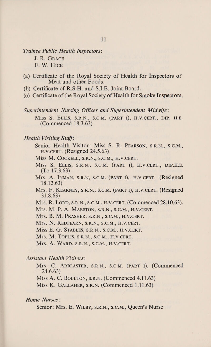 Trainee Public Health Inspectors: J. R. Grace F. W. Hick (a) Certificate of the Royal Society of Health for Inspectors of Meat and other Foods. (b) Certificate of R.S.H. and S.I.E. Joint Board. (c) Certificate of the Royal Society of Health for Smoke Inspectors. Superintendent Nursing Officer and Superintendent Midwife: Miss S. Ellis, s.r.n., s.c.m. (part i), h.v.cert., dip. h.e. (Commenced 18.3.63) Health Visiting Staff: Senior Health Visitor: Miss S. R. Pearson, s.r.n., s.c.m., h.v.cert. (Resigned 24.5.63) Miss M. COCKELL, S.R.N., S.C.M., H.V.CERT. Miss S. Ellis, s.r.n., s.c.m. (part i), h.v.cert., dip.h.e. (To 17.3.63) Mrs. A. Inman, s.r.n, s.c.m. (part i), h.v.cert. (Resigned 18.12.63) Mrs. F. Kearney, s.r.n., s.c.m. (part i), h.v.cert. (Resigned 31.8.63) Mrs. R. Lord, s.r.n., s.c.m., h.v.cert. (Commenced 28.10.63). Mrs. M. P. A. Marston, s.r.n., s.c.m., h.v.cert. Mrs. B. M. Prasher, s.r.n., s.c.m., h.v.cert. Mrs. N. Redfearn, s.r.n., s.c.m., h.v.cert. Miss E. G. Stables, s.r.n., s.c.m., h.v.cert. Mrs. M. Toplis, s.r.n., s.c.m., h.v.cert. Mrs. A. Ward, s.r.n., s.c.m., h.v.cert. Assistant Health Visitors: Mrs. C. Arblaster, s.r.n., s.c.m. (part i). (Commenced 24.6.63) Miss A. C. Boulton, s.r.n. (Commenced 4.11.63) Miss K. Gallaher, s.r.n. (Commenced 1.11.63) Home Nurses: Senior: Mrs. E. Wilby, s.r.n., s.c.m., Queen’s Nurse