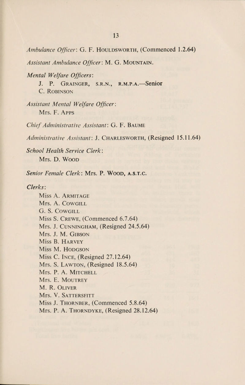 Ambulance Officer'. G. F. Houldsworth, (Commenced 1.2.64) Assistant Ambulance Officer'. M. G. Mountain. Mental Welfare Officers'. J. P. Grainger, s.r.n., r.m.p.a.—Senior C. Robinson Assistant Mental Welfare Officer'. Mrs. F. Apps Chief Administrative Assistant'. G. F. Baume Administrative Assistant'. J. Charlesworth, (Resigned 15.11.64) School Health Service Clerk’. Mrs. D. Wood Senior Female Clerk: Mrs. P. Wood, a.s.t.c. Clerks: Miss A. Armitage Mrs. A. Cowgill G. S. Cowgill Miss S. Crewe, (Commenced 6.7.64) Mrs. J. Cunningham, (Resigned 24.5.64) Mrs. J. M. Gibson Miss B. Harvey Miss M. Hodgson Miss C. Ince, (Resigned 27.12.64) Mrs. S. Lawton, (Resigned 18.5.64) Mrs. P. A. Mitchell Mrs. E. Moutrey M. R. Oliver Mrs. V. Sattersfitt Miss J. Thornber, (Commenced 5.8.64) Mrs. P. A. Thorndyke, (Resigned 28.12.64)