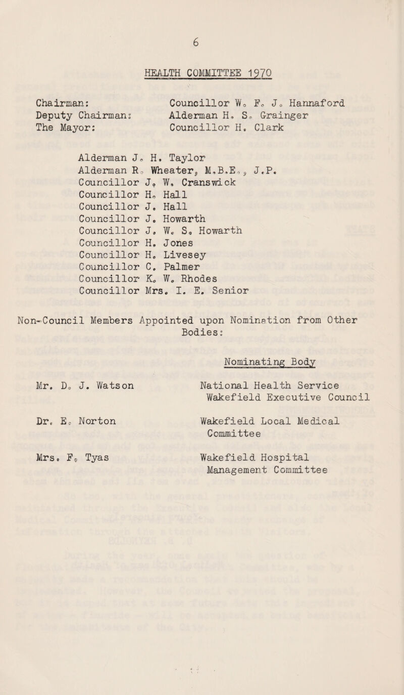 HEALTH COMMITTEE 1970 Chairman: Deputy Chairman: The Mayor: Councillor W0 Ee Jo Hannaford Alderman H* S* G-rainger Councillor H. Clark Alderman Jff H* Taylor Alderman Ro Wheater^ J,P. Councillor J9 W* Cranswick Councillor Ho Hall Councillor J* Hall Councillor J. Howarth Councillor J* W* So Howarth Councillor H« Jones Councillor H0 Livesey Councillor C* Palmer Councillor KL We Rhodes Councillor Mrs* I. E. Senior Non-Council Members Appointed upon Nomination from Other Bodies: Mr, D* J* Watson National Health Service Wakefield Executive Council Dr* E* Norton Wakefield Local Medical Committee Mrs* E5 Tyas Wakefield Hospital Management Committee