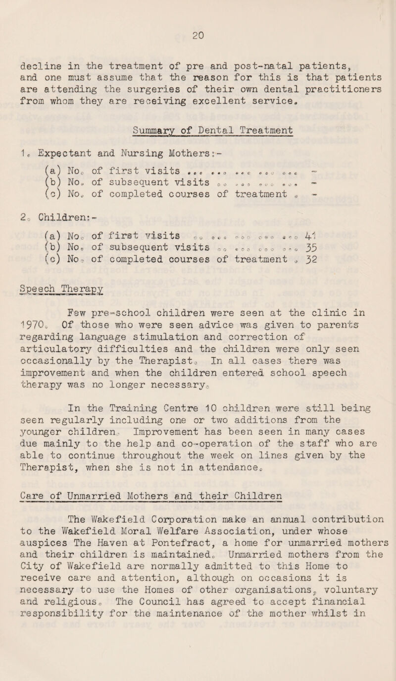 decline in the treatment of pre and post-natal patients, and one must assume that the reason for this is that patients are attending the surgeries of their own dental practitioners from whom they are receiving excellent service,. Summary of Dental Treatment 1c Expectant and Nursing Mothers (a) No* of (b) No* of (c) Noe of first visits subs equ ent visits *« completed courses of O 4? c €> $ *ii 0 e c ■-> & o O O & ® O G treatment « 2o Childrens- (a) Noo of (b) No* of (e) No© of first visits c« subsequent visits *0 completed courses of c* o Q O ® ^ ** Q COO COO o ~ © treatment „ 41 35 32 S p © 8 ch T h © t&v y Few pre-school children were seen at the clinic in 1970i. Of those who were seen advice was given to parents regarding language stimulation and correction of articulatory difficulties and the children were only seen occasionally by the Therapist, In all cases there was improvement and when the children entered school speech therapy was no longer necessary0 In the Training Centre 10 children were still being seen regularly including one or two additions from the younger children. Improvement has been seen in many cases due mainly to the help and co-operation of the staff who are able to continue throughout the week on lines given by the Therapist, when she is not in attendance* Care of Unmarried Mothers and their Children The Wakefield Corporation make an annual contribution to the Wakefield Moral Welfare Association, under whose auspices The Haven at Pontefract, a home for unmarried mothers and their children is maintainedc, Unmarried mothers from the City of Wakefield are normally admitted to this Home to receive care and attention, although on occasions it is necessary to use the Homes of other organisations <, voluntary and religiouso The Council has agreed to accept financial responsibility for the maintenance of the mother whilst in