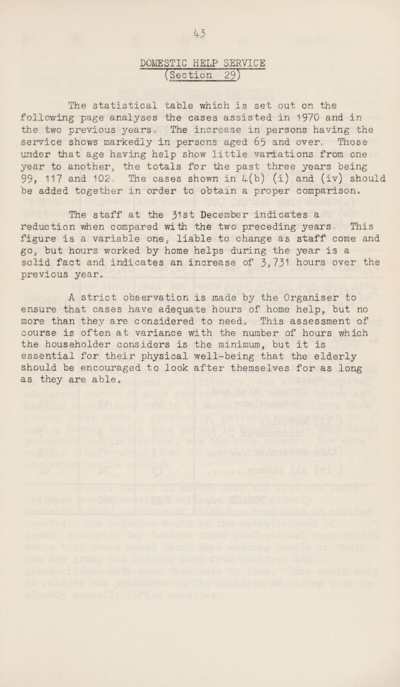 DOMESTIC HELP SERVICE ~ (5 e c t i o' n 2 The statistical, table which is set out on the following page analyses the cases assisted in 1970 and in the two previous years0 The increase in persons having the service shows markedly in persons aged 6.5 and over,, Those under that age having help show little variations from one year to another* the totals for Hie past three years being 99* 117 and 102 The cases shown In 4(b) (i) and (iv) should be added together in order to obtain a proper comparison. The staff at the 31st December indicates a reduction when compared, with the two preceding years This figure is a variable one* liable to change as staff come and go* but hours worked by home helps during the year is a solid fact and indicates an increase of 3/731 hours over the previous year, A strict observation Is made by the Organiser to ensure that cases have adequate hours of home help* but no more than they are considered to need* This assessment of course is often at variance with the number of hours which the householder considers is the minimum* but it is essential for their physical well-being that the elderly should be encouraged to look after themselves for as long as they are able*