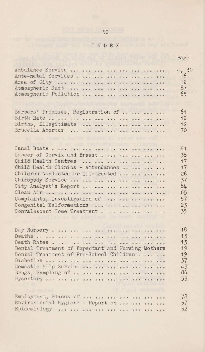 INDEX Ambulance Service 0* <•> Ante-natal Services 0 Area of City ,0« e•„ Atmospheric Dust Atmospheric Pollution 0 $ Q 9 # o o o o & o o o o o o oca 3 O & OOO o o o coo o o o o « © o o o o o o o O o o o o o & coo Barbers’ Premises* Registration of Br t t-'ii avU' ie $ # & ® & & o ® o & & & © ® * © © Births ? Illegitimate „ ©. ••• «.«, Brucella Abortus .0 ** «© * *.» <S rf <J> O >1» Q O ® * © © o • © c ® © C> « © © © © © O OC'ff' Canal Boats Cancer of Cervix and Breast Child Health Centres Child Health Clinics - Attendances 9c Children Neglected or Ill-treated *,- Chdropody S e rvice City Analyst * s Report Clean Air Complaints* Investigation of Congenital Ma!formations Convalescent Home Treatment O © O O C 0 0 0 9 0 0 * 9 * 9 O © 0*0 0 9® O Q 9 *90 OOO 999 e • e © ® © <?>«•€> O O © C* *; f C OOO o c o o -» OOO O 3 * Day Nursery , Deaths •< Death Rates O © €> O v O © O « O O 9 C * 9 •' © * O O * O O « «> cod) o © $ o © a 'ooo ♦ » o © « © © %> o 0*0 OOO O OO © O O ® <T © O *> O 4f5g)0 © Q O Dental Treatment of Pre-School Children Diabetics Domestic Help Service *©© oco .» Drugs* Sampling of ©© , <,© »© © ©<> Dysentery OOO O O C O O (9 G & Employment* Places of 0 0 0 ©«„ ©0© © © * Environmental Hygiene - Report on «©„ Epidemiology OOO OOO OOO OOO (.V 0 o OOO Page 4, 30 OOO OOO 16 if O O OOO 12 OOO OOO 87 coo OOO 65 oot> 9 O <* 6l c.oo 0 9 0 12 © © © 0 © © -12 OOO © o o 70 ^ e g 6l o * « OOO 38 o o c coo 17 OOO 9 O O 17 o o ® OOO 26 ooo 0 0 9 37 o © «* o o © 84 9 O 0 0 9 0 65 J> o o OOO 57 o <*? o <■> (*• c 23 O 3 0 OOO 35 * ® © O © * 18 © o r o © o 13 © « © © o o 13 Mothers 19 C< O £> O C 0 19 <5 0 0 OOO 37 OOO OOO 43 OOO OOO 86 9 0 0 9 0 0 53 OOO 0 0 9 78 OOO OOO 57 9 0 0 OOO 52