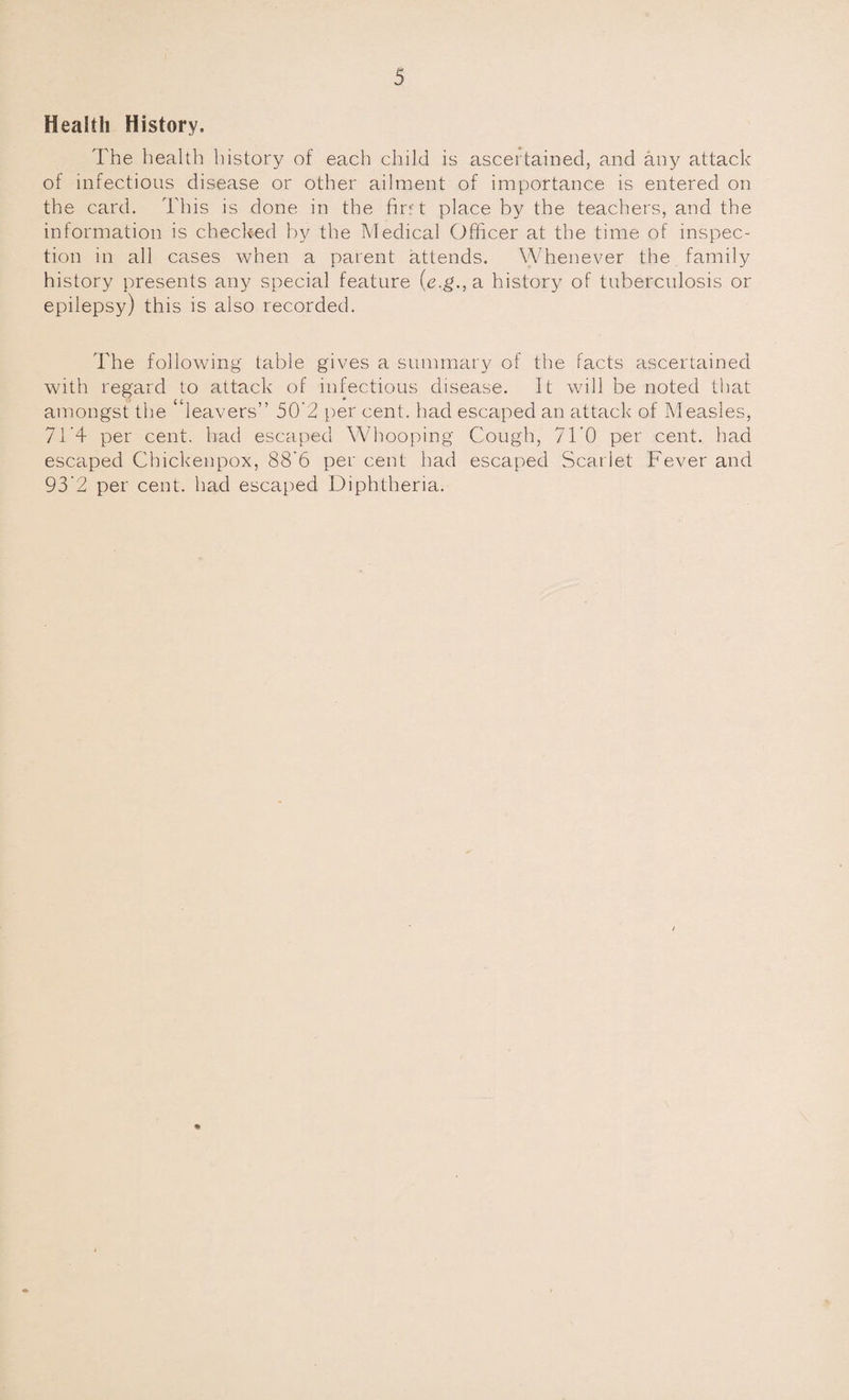 Health History. The health history of each child is ascertained, and any attack of infectious disease or other ailment of importance is entered on the card. This is done in the fir?' t place by the teachers, and the information is checked by the Medical Officer at the time of inspec¬ tion in all cases when a parent attends. Whenever the family history presents any special feature {e.g., a history of tuberculosis or epilepsy) this is also recorded. The following table gives a summary of the facts ascertained with regard to attack of infectious disease. It will be noted that amongst the “leavers” 50’2 per cent, had escaped an attack of Measles, 7T4 per cent, had escaped Whooping Cough, 71 0 per cent, had escaped Chickenpox, 88’6 per cent had escaped Scarlet Fever and 93’2 per cent, had escaped Diphtheria.