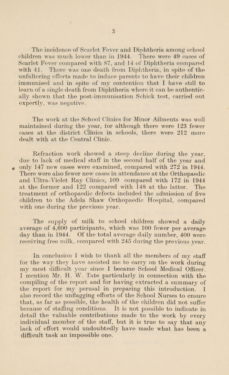 The incidence of Scarlet Fever and Diphtheria among school children was much lower than in 1944. There were 49 cases of Scarlet Fever compared with 87, and 14 of Diphtheria compared with 41. There was one death from Diphtheria, in spite of the unfaltering efforts made to induce parents to have their children immunised and in spite of my contention that I have still to learn of a single death from Diphtheria where it can be authentic¬ ally shown that the post-immunisation Schick test, carried out expertly, was negative. The work at the School Clinics for Minor Ailments was well maintained during the year, for although there were 123 fewer cases at the district Clinics in schools, there were 212 more dealt with at the Central Clinic. Refraction work showed a steep decline during the year, due to lack of medical staff in the second half of the year and # only 147 new cases were examined, compared with 272 in 1944. There were also fewer new cases in attendance at the Orthopaedic and Ultra-Violet Ray Clinics, 109 compared with 172 in 1944 at the former and 122 compared with 148 at the latter. The treatment of orthopaedic defects included the admission of five children to the Adela Shaw Orthopaedic Hospital, compared with one during the previous year. The supply of milk to school children showed a daily average of 4,600 participants, which was 100 fewer per average day than in 1944. Of the total average daily number, 400 were receiving free milk, compared with 245 during the previous year. In conclusion I wish to thank all the members of my staff for the way they have assisted me to carry on the work during my most difficult year since I became School Medical Officer. I mention Mr. H. W. Tate particularly in connection with the compiling of the report and for having extracted a summary of the report for my perusal in preparing this introduction. I also record the unflagging efforts of the School Nurses to ensure that, as far as possible, the health of the children did not suffer because of staffing conditions. It is not possible to indicate in detail the valuable contributions made to the work by every individual member of the staff, but it is true to say that any lack of effort would undoubtedly have made what has been a difficult task an impossible one.