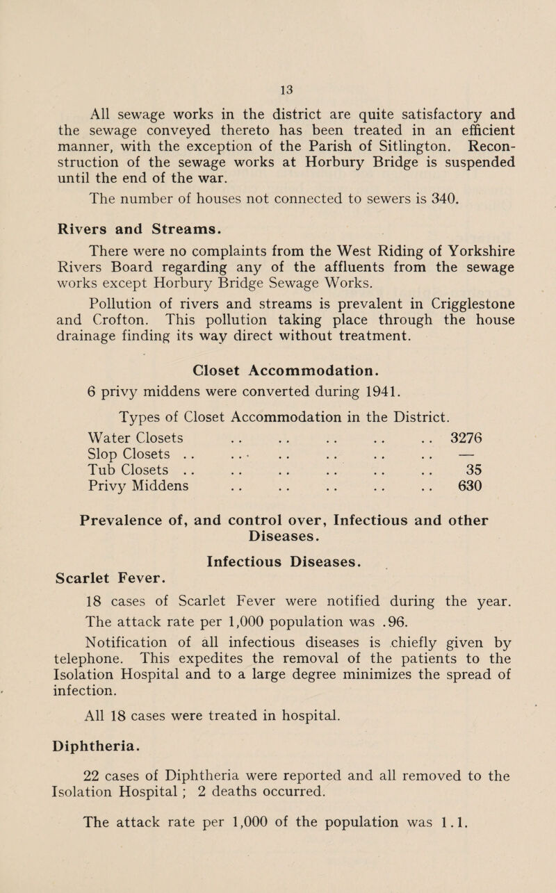 All sewage works in the district are quite satisfactory and the sewage conveyed thereto has been treated in an efficient manner, with the exception of the Parish of Sitlington. Recon¬ struction of the sewage works at Horbury Bridge is suspended until the end of the war. The number of houses not connected to sewers is 340. Rivers and Streams. There were no complaints from the West Riding of Yorkshire Rivers Board regarding any of the affluents from the sewage works except Horbury Bridge Sewage Works. Pollution of rivers and streams is prevalent in Crigglestone and Crofton. This pollution taking place through the house drainage finding its way direct without treatment. Closet Accommodation. 6 privy middens were converted during 1941. Types of Closet Accommodation in the District. Water Closets Slop Closets .. Tub Closets .. Privy Middens 3276 35 630 Prevalence of, and control over, Infectious and other Diseases. Infectious Diseases. Scarlet Fever. 18 cases of Scarlet Fever were notified during the year. The attack rate per 1,000 population was .96. Notification of all infectious diseases is chiefly given by telephone. This expedites the removal of the patients to the Isolation Hospital and to a large degree minimizes the spread of infection. All 18 cases were treated in hospital. Diphtheria. 22 cases of Diphtheria were reported and all removed to the Isolation Hospital ; 2 deaths occurred. The attack rate per 1,000 of the population was 1.1.