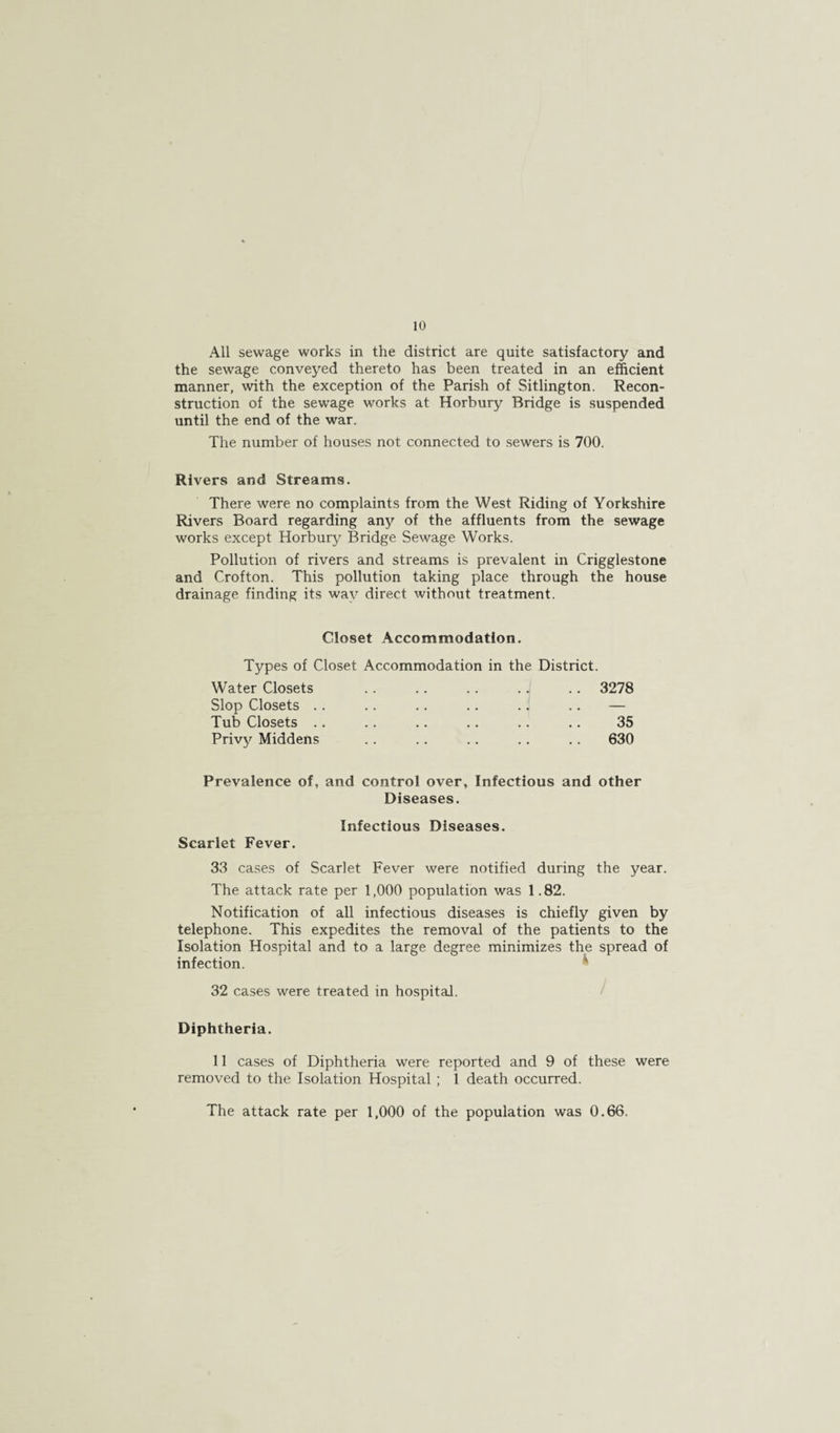 10 All sewage works in the district are quite satisfactory and the sewage conveyed thereto has been treated in an efficient manner, with the exception of the Parish of Sitlington. Recon¬ struction of the sewage works at Horbury Bridge is suspended until the end of the war. The number of houses not connected to sewers is 700. Rivers and Streams. There were no complaints from the West Riding of Yorkshire Rivers Board regarding any of the affluents from the sewage works except Horbury Bridge Sewage Works. Pollution of rivers and streams is prevalent in Crigglestone and Crofton. This pollution taking place through the house drainage finding its way direct without treatment. Closet Accommodation. Types of Closet Accommodation in the District. Water Closets .. .. .. .. .. 3278 Slop Closets .. .. .. .. .. .. — Tub Closets .. .. .. .. .. .. 35 Privy Middens .. .. .. .. .. 630 Prevalence of, and control over, Infectious and other Diseases. Infectious Diseases. Scarlet Fever. 33 cases of Scarlet Fever were notified during the year. The attack rate per 1,000 population was 1.82. Notification of all infectious diseases is chiefly given by telephone. This expedites the removal of the patients to the Isolation Hospital and to a large degree minimizes the spread of infection. * 32 cases were treated in hospital. Diphtheria. 11 cases of Diphtheria were reported and 9 of these were removed to the Isolation Hospital ; 1 death occurred. The attack rate per 1,000 of the population was 0.66.