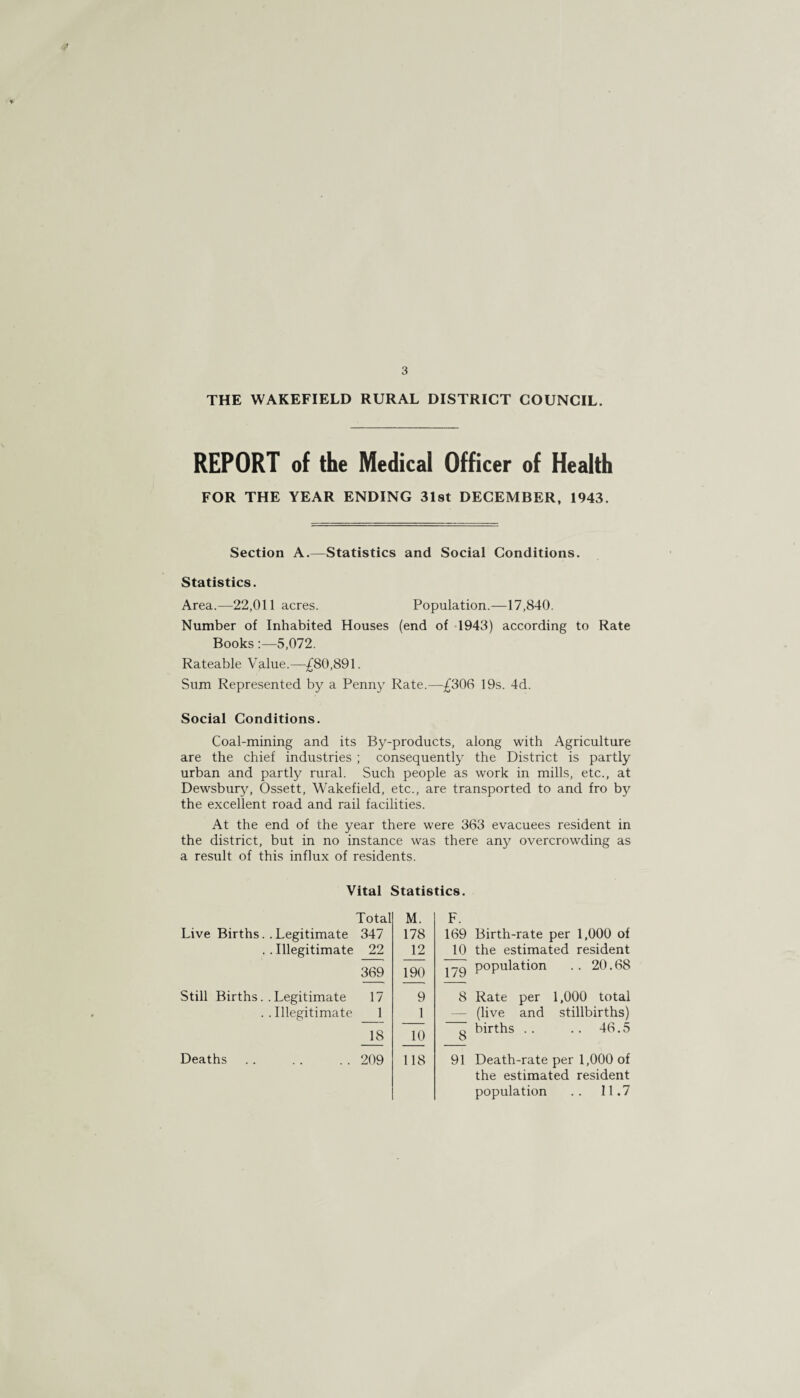 3 THE WAKEFIELD RURAL DISTRICT COUNCIL. REPORT of the Medical Officer of Health FOR THE YEAR ENDING 31st DECEMBER, 1943. Section A.—Statistics and Social Conditions. Statistics. Area.—22,011 acres. Population.—17,840. Number of Inhabited Houses (end of 1943) according to Rate Books:—5,072. Rateable Value.—£80,891. Sum Represented by a Penny Rate.—£306 19s. 4d. Social Conditions. Coal-mining and its By-products, along with Agriculture are the chief industries ; consequently the District is partly urban and partly rural. Such people as work in mills, etc., at Dewsbury, Ossett, Wakefield, etc., are transported to and fro by the excellent road and rail facilities. At the end of the year there were 363 evacuees resident in the district, but in no instance was there any overcrowding as a result of this influx of residents. Vital Statistics. Total Live Births. .Legitimate 347 . . Illegitimate 22 369 Still Births.. Legitimate 17 ..Illegitimate 1 18 Deaths .. . . .. 209 M. 178 12 190 9 1 10 118 F. 169 Birth-rate per 1,000 of 10 the estimated resident j-q population . . 20.68 8 Rate per 1,000 total (live and stillbirths) births .. .. 46.5 91 Death-rate per 1,000 of the estimated resident population .. 11.7