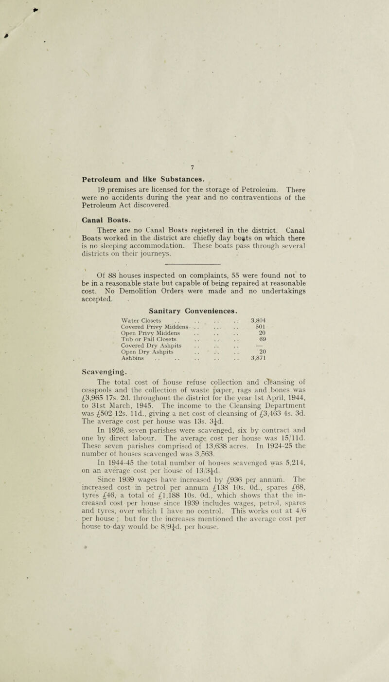 Petroleum and like Substances. 19 premises are licensed for the storage of Petroleum. There were no accidents during the year and no contraventions of the Petroleum Act discovered. Canal Boats. There are no Canal Boats registered in the district. Canal Boats worked in the district are chiefly day bo^ts on which there is no sleeping accommodation. These boats pass through several districts on their journeys. V Of 88 houses inspected on complaints, 55 were found not to be in a reasonable state but capable of being repaired at reasonable cost. No Demolition Orders were made and no undertakings accepted. Sanitary Conveniences. Water Closets Covered Privy Middens Open Privy Middens Tub or Pail Closets Covered Dry Ashpits Open Dry Ashpits Ashbins Scavenging. The total cost of house refuse collection and cleansing of cesspools and the collection of waste paper, rags and bones was £3,965 17s. 2d. throughout the district for the year 1st April, 1944, to 31st March, 1945. The income to the Cleansing Department was £502 12s. lid., giving a net cost of cleansing of £3,463 4s. 3d. The average cost per house was 13s. 3^d. In 1926, seven parishes were scavenged, six by contract and one by direct labour. The average cost per house was 15/1 Id. These seven parishes comprised of 13,638 acres. In 1924-25 the number of houses scavenged was 3,563. In 1944-45 the total number of houses scavenged was 5,214, on an average cost per house of 13/3£d. Since 1939 wages have increased by £936 per annum. The increased cost in petrol per annum £138 10s. 0d., spares £68, tyres £46, a total of £1,188 10s. 0d., which shows that the in¬ creased cost per house since 1939 includes wages, petrol, spares and tyres, over which I have no control. This works out at 4/6 per house ; but for the increases mentioned the average cost per house to-day would be 8/9Jd. per house. 3,804 501 20 69 20 3,871
