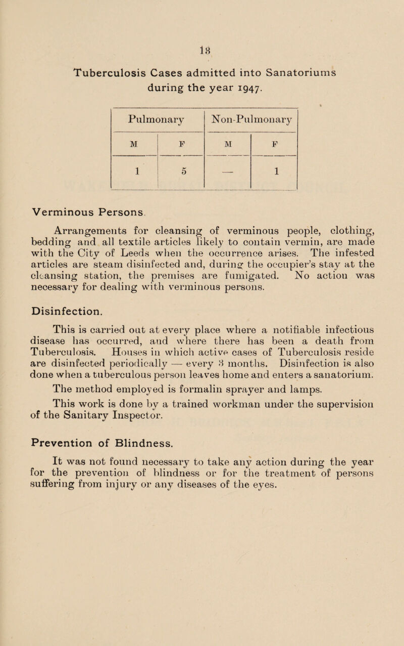 Tuberculosis Cases admitted into Sanatoriums during the year 1947. Pulmonary Non-Pulmonary M F M F 1 5 — 1 Verminous Persons, Arrangements for cleansing of verminous people, clothing, bedding and all textile articles likely to contain vermin, are made with the City of Leeds when the occurrence arises. The infested articles are steam disinfected and, during the occupier’s stay at the cleansing station, the premises are fumigated. No actiou was necessary for dealing with verminous persons. Disinfection. This is carried out at every place where a notifiable infectious disease has occurred, and where there has been a death from Tuberculosis. Houses in which active cases of Tuberculosis reside are disinfected periodically — every 8 months. Disinfection is also done when a tuberculous person leaves home and enters a sanatorium. The method employed is formalin sprayer and lamps. This work is done by a trained workman under the supervision of the Sanitary Inspector. Prevention of Blindness. It was not found necessary to take any action during the year for the prevention of blindness or for the treatment of persons suffering from injury or any diseases of the eyes.