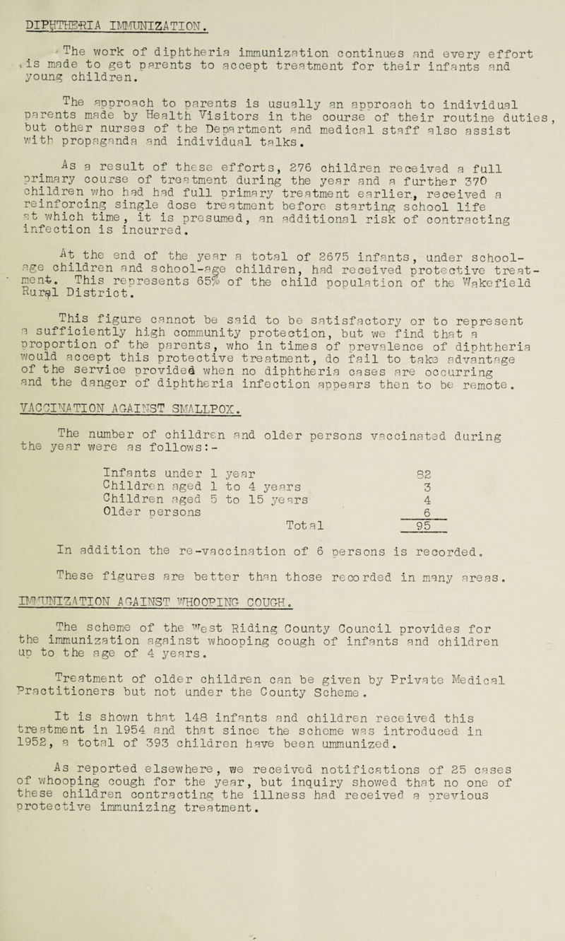 DIPHTHERIA IMMUNIZATION. The work of diphtheria immunization continues and every effort vis made to get parents to accept treatment for their infants and young children. The approach to parents is usually an approach to individual parents made by Health Visitors in the course of their routine duties, but other nurses of the Department and medical staff also assist with propaganda and individual talks. As a result of these efforts, 276 children received a full primary course of treatment during the year and a further 370 children who had had full primary treatment earlier, received a reinforcing single.dose treatment before starting school life at which time, it is presumed, an additional risk of contracting infection is incurred. -^t the end of the year a total of 2675 infants, under school- age children and school-age children, had received protective treat¬ ment. This represents 65% of the child copulation of the Wakefield Rur^l District. This figure cannot be said to be satisfactory or to represent a sufficiently high community protection, but we find that a proportion of the parents, who in times of prevalence of diphtheria would accept this protective treatment, do fail to take advantage of the service provided when no diphtheria cases are occurring and the danger of diphtheria infection appears then to be remote. VACClNATION AGAINST SMALLPOX. The number of children and older persons vaccinated during the year were as follows :- Infants under 1 year 82 Children aged 1 to 4 years 3 Children aged 5 to 15 years 4 Older persons 6 Total 95 In addition the re-vaccination of 6 persons is recorded. These figures are better than those recorded in many areas. IMNTNIZATION ADA INST WHOOPING- COUGH. The scheme of the West Riding County Council provides for the immunization against whooping cough of infants and children up to the age of 4 years. Treatment of older children can be given by Private Medical Practitioners but not under the County Scheme. It is shown that 148 infants and children received this treatment in 1954 and that since the scheme was introduced in 1952, a total of 393 children have been immunized. As reported elsewhere, we received notifications of 25 cases of whooping cough for the year, but inquiry showed that no one of these children contracting the illness had received a previous protective immunizing treatment.