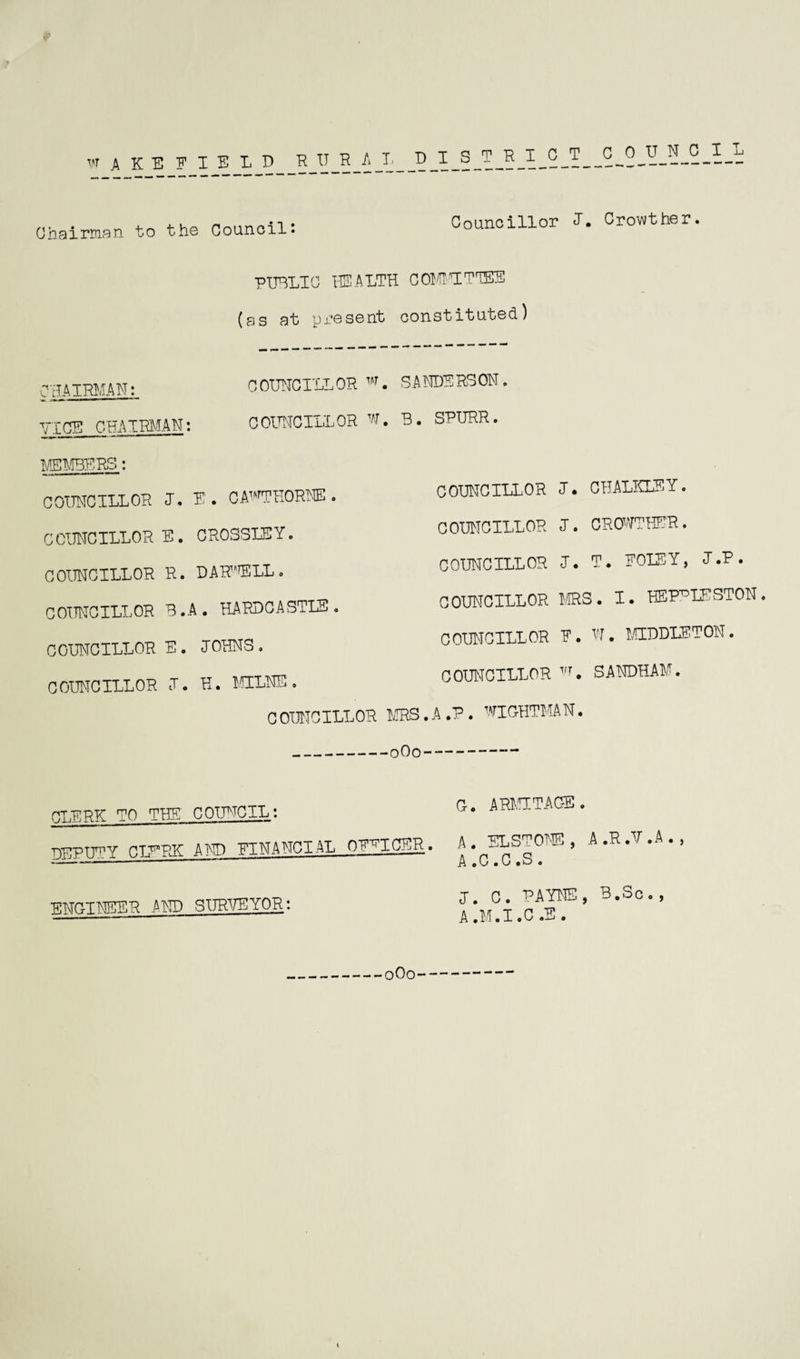 »o WAKEFIELD RURAL E I_S_T_R_I_C_T__C_0_U_N_C_I_L Chairman to th© Council* Councillor I. Crowther HAIRMAN: PUBLIC HEALTH COMMITTEE (as at present constituted) COUNCILLOR w. SANDERSON. VICE CHAIRMAN: COUNCILLOR V. B. SRURR ivembers •. COUNCILLOR I, E. C AWT HORNE , COUNCILLOR E. CROSSES Y. COUNCILLOR R. DARNELL • COUNCILLOR B.A. HAKDCASTLE COUNCILLOR E. JOHNS. COUNCILLOR J. H. MILNE. COUNCILLOR J. CHALKLEY. COUNCILLOR J. CROWTHER. COUNCILLOR J. T. FOLEY, J.R. COUNCILLOR MS. I. HEPPLESTON. COUNCILLOR F. W. MIDDLETON. COUNCILLOR w. SANDHAM. COUNCILLOR MRS.A.P. WIOHTMAN. •oOo' CLERK TO THE COUNCIL: DEPUTY CLERK AND FINANCIAL OFFICER. 0. ARMITACE. A. ELSTONE, A.R.V.A., A.C.C.S. J. C. PAYNE, B.Sco , A.M.I.C.E. ENCTNEER AND SURVEYOR: 0O0