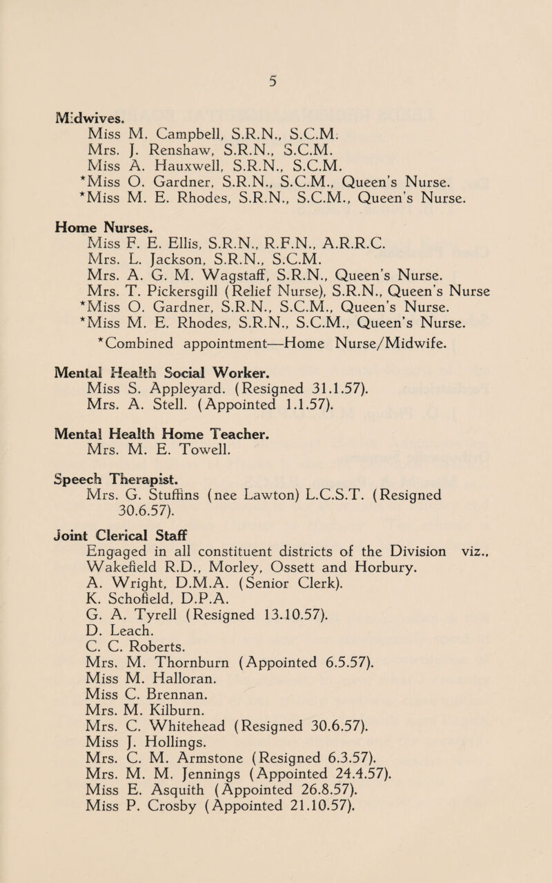 Midwives. Miss M. Campbell, S.R.N., S.C.M; Mrs. }. Renshaw, S.R.N., S.C.M. Miss A. Hauxwell, S.R.N., S.C.M. *Miss O. Gardner, S.R.N., S.C.M., Queen’s Nurse. *Miss M. E. Rhodes, S.R.N., S.C.M., Queen’s Nurse. Home Nurses. Miss F. E. Ellis, S.R.N., R.F.N., A.R.R.C. Mrs. L. Jackson, S.R.N., S.C.M. Mrs. A. G. M. Wagstaff, S.R.N., Queen’s Nurse. Mrs. T. Pickersgill (Relief Nurse), S.R.N., Queen’s Nurse *Miss O. Gardner, S.R.N., S.C.M., Queen’s Nurse. *Miss M. E. Rhodes, S.R.N., S.C.M., Queen’s Nurse. * Combined appointment—Home Nurse/Midwife. Menial Health Social Worker. Miss S. Appleyard. (Resigned 31.1.57). Mrs. A. Stell. (Appointed 1.1.57). Mental Health Home Teacher. Mrs. M. E. Towell. Speech Therapist. Mrs. G. Stuffins (nee Lawton) L.C.S.T. (Resigned 30.6.57). Joint Clerical Staff Engaged in all constituent districts of the Division viz., Wakefield R.D., Morley, Ossett and Horbury. A. Wright, D.M.A. (Senior Clerk). K. Schofield, D.P.A. G. A. Tyrell (Resigned 13.10.57). D. Leach. C. C. Roberts. Mrs. M. Thornburn (Appointed 6.5.57). Miss M. Halloran. Miss C. Brennan. Mrs. M. Kilburn. Mrs. C. Whitehead (Resigned 30.6.57). Miss J. Hollings. Mrs. C. M. Armstone (Resigned 6.3.57). Mrs. M. M. Jennings (Appointed 24.4.57). Miss E. Asquith (Appointed 26.8.57). Miss P. Crosby (Appointed 21.10.57).
