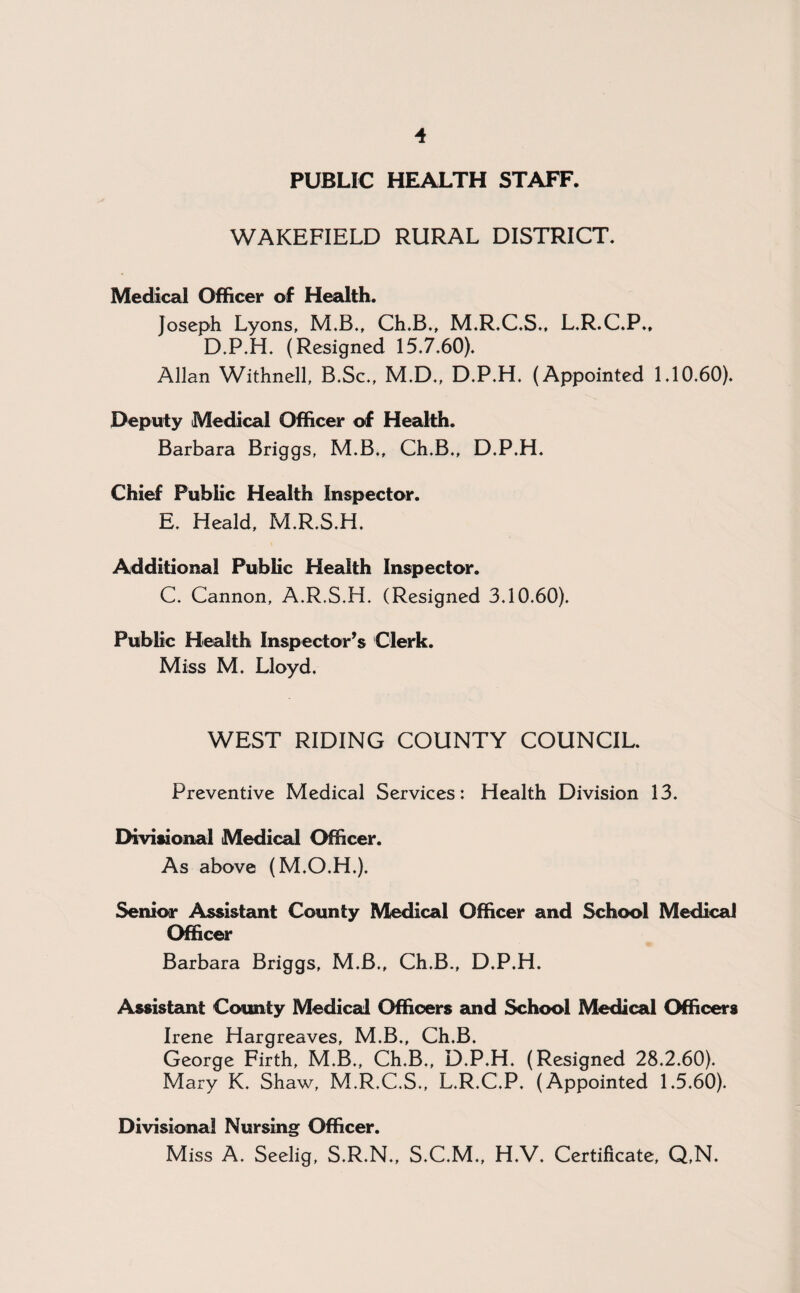 PUBLIC HEALTH STAFF. WAKEFIELD RURAL DISTRICT. Medical Officer of Health. Joseph Lyons, M.B.t Ch.B., M.R.C.S., L.R.C.P.. D.P.H. (Resigned 15.7.60). Allan Withnell, B.Sc., M.D., D.P.H. (Appointed 1.10.60). Deputy Medical Officer of Health. Barbara Briggs, M.B., Ch.B., D.P.H. Chief Public Health Inspector. E. Heald, M.R.S.H. Additional Public Health Inspector. C. Cannon, A.R.S.H. (Resigned 3.10.60). Public Health Inspector’s Clerk. Miss M. Lloyd. WEST RIDING COUNTY COUNCIL. Preventive Medical Services: Health Division 13. Divisional Medical Officer. As above (M.O.H.). Senior Assistant County Medical Officer and School Medical Officer Barbara Briggs, M.B., Ch.B., D.P.H. Assistant County Medical Officers and School Medical Officers Irene Hargreaves, M.B., Ch.B. George Firth, M.B., Ch.B., D.P.H. (Resigned 28.2.60). Mary K. Shaw, M.R.C.S., L.R.C.P. (Appointed 1.5.60). Divisional Nursing Officer. Miss A. Seelig, S.R.N., S.C.M., H.V. Certificate, Q,N.