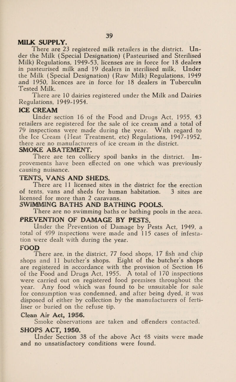 MILK SUPPLY. T here are 23 registered milk retailers in the district. Un¬ der the Milk (Special Designation) (Pasteurised and Sterilised Milk) Regulations, 1949-53, licenses are in force for 18 dealers in pasteurised milk and 19 dealers in sterilised milk, Under the Milk (Special Designation) (Raw Milk) Regulations, 1949 and 1950, licences are in force for 18 dealers in Tuberculin Tested Milk. There are 10 dairies registered under the Milk and Dairies Regulations, 1949-1954. ICE CREAM Under section 16 of the Food and Drugs Act, 1955, 43 retailers are registered for the sale of ice cream and a total of 79 inspections were made during the year. With regard to the Ice Cream (Heat Treatment, etc) Regulations, 1947-1952, there are no manufacturers of ice cream in the district. SMOKE ABATEMENT. There are ten colliery spoil banks in the district. Im¬ provements have been effected on one which was previously causing nuisance. TENTS, VANS AND SHEDS. There are 11 licensed sites in the district for the erection of tents, vans and sheds for human habitation. 3 sites are licensed for more than 2 caravans. SWIMMING BATHS AND BATHING POOLS. There are no swimming baths or bathing pools in the area. PREVENTION OF DAMAGE BY PESTS. Under the Prevention of Damage by Pests Act, 1949, a total of 499 inspections were made and 115 cases of infesta¬ tion were dealt with during the year. FOOD There are, in the district, 77 food shops, 17 fish and chip shops and 11 butcher’s shops. Eight of the butcher’s shops are registered in accordance with the provision of Section 16 of the Food and Drugs Act, 1955. A total of 170 inspections were carried out on registered food premises throughout the year. Any food which was found to be unsuitable for sale for consumption was condemned, and after being dyed, it was disposed of either by collection by the manufacturers of ferti¬ liser or buried on the refuse tip. Clean Air Act, 1956. Smoke observations are taken and offenders contacted. SHOPS ACT, 1950. Under Section 38 of the above Act 48 visits were made and no unsatisfactory conditions were found.