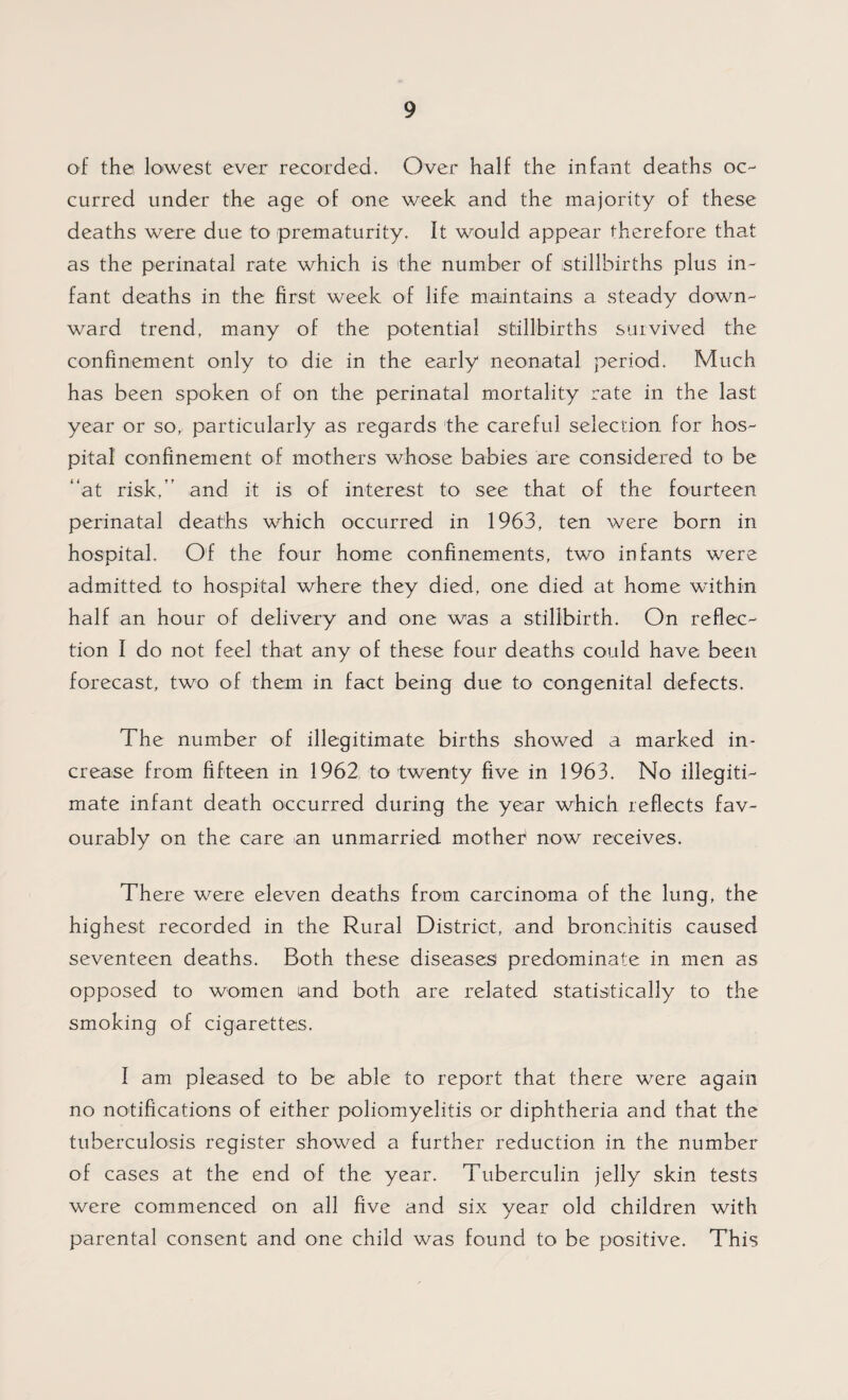 of the lowest ever recorded. Over half the infant deaths oc¬ curred under the age of one week and the majority of these deaths were due to prematurity. It would appear therefore that as the perinatal rate which is the number of stillbirths plus in¬ fant deaths in the first week of life maintains a steady down¬ ward trend, many of the potential stillbirths survived the confinement only to die in the early neonatal period. Much has been spoken of on the perinatal mortality rate in the last year or so, particularly as regards the careful selection for hos¬ pital confinement of mothers whose babies are considered to be “at risk,” and it is of interest to see that of the fourteen perinatal deaths which occurred in 1963, ten were born in hospital. Of the four home confinements, two infants were admitted to hospital where they died, one died at home within half an hour of delivery and one was a stillbirth. On reflec¬ tion I do not feel that any of these four deaths could have been forecast, two of them in fact being due to congenital defects. The number of illegitimate births showed a marked in¬ crease from fifteen in 1962 to twenty five in 1963. No illegiti¬ mate infant death occurred during the year which reflects fav¬ ourably on the care an unmarried mother now receives. There were eleven deaths from carcinoma of the lung, the highest recorded in the Rural District, and bronchitis caused seventeen deaths. Both these diseases predominate in men as opposed to women and both are related statistically to the smoking of cigarettes. I am pleased to be able to report that there were again no notifications of either poliomyelitis or diphtheria and that the tuberculosis register showed a further reduction in the number of cases at the end of the year. Tuberculin jelly skin tests were commenced on all five and six year old children with parental consent and one child was found to be positive. This